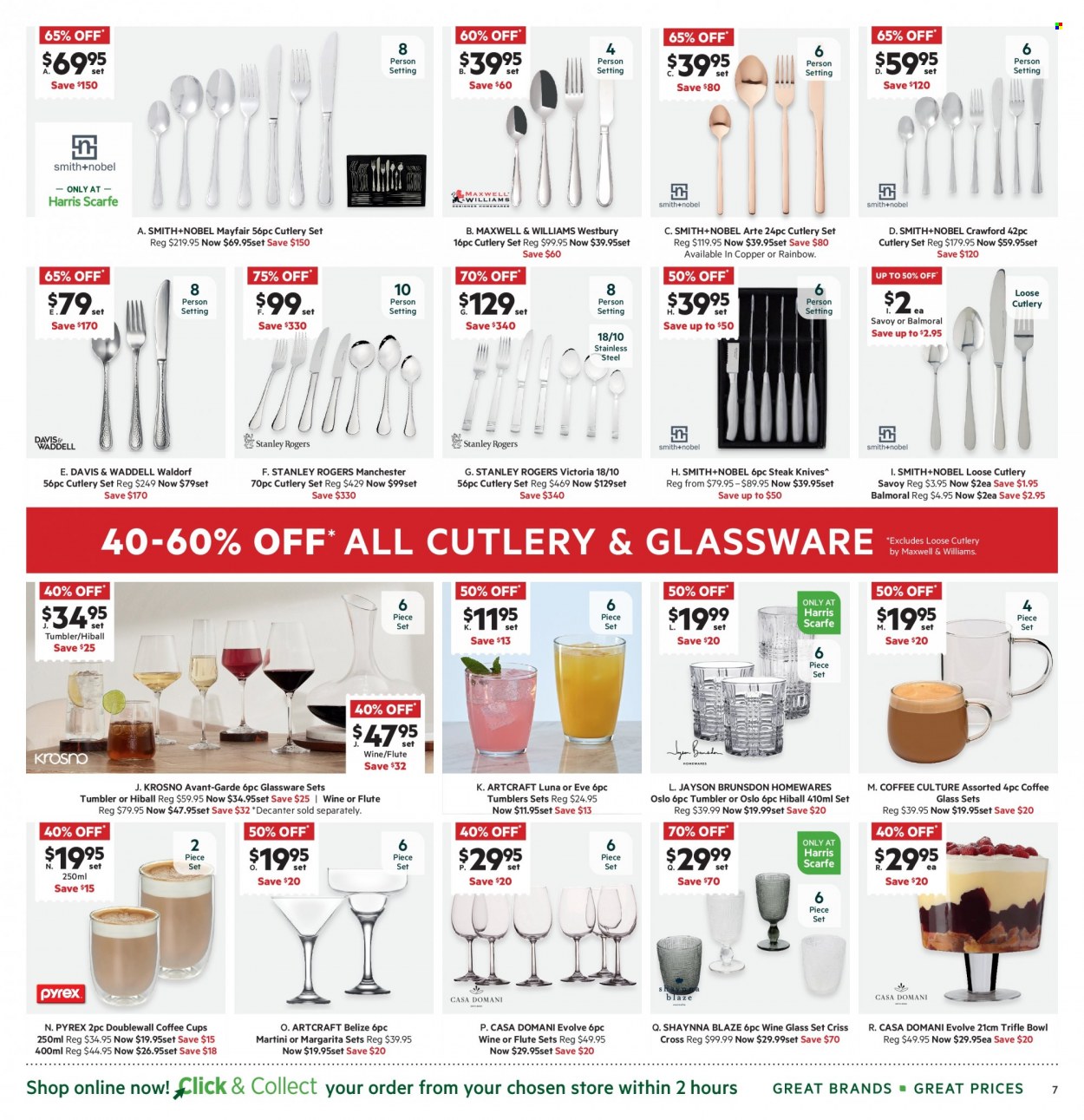 thumbnail - Harris Scarfe Catalogue - Sales products - knife, glassware set, tumbler, wine glass, cutlery set, steak knife, trifle bowl, cup, bowl, Smith+Nobel, Pyrex, flute. Page 7.