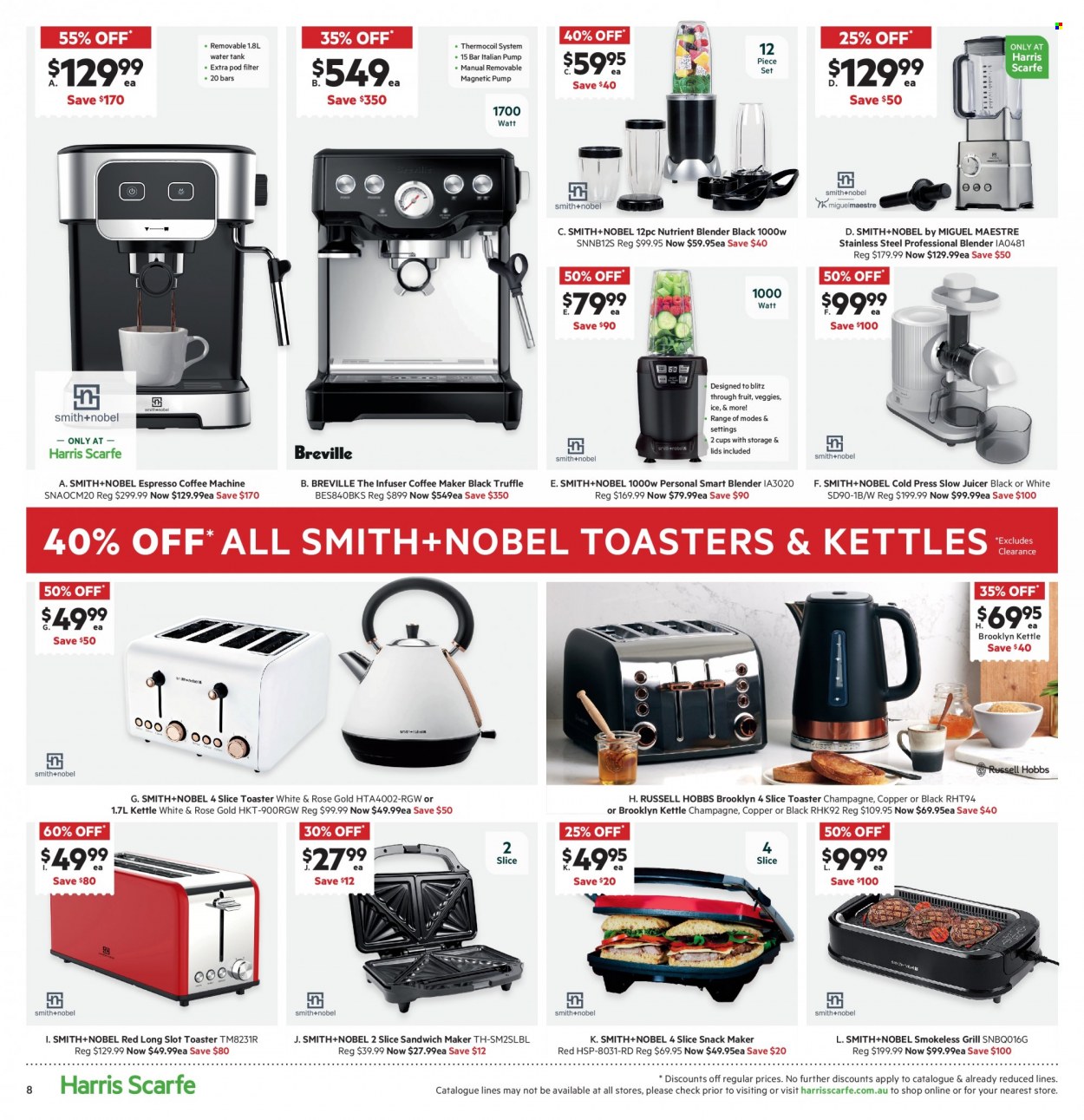 thumbnail - Harris Scarfe Catalogue - Sales products - Smith+Nobel, coffee machine, blender, Russell Hobbs, toaster, sandwich maker, kettle, juicer. Page 8.