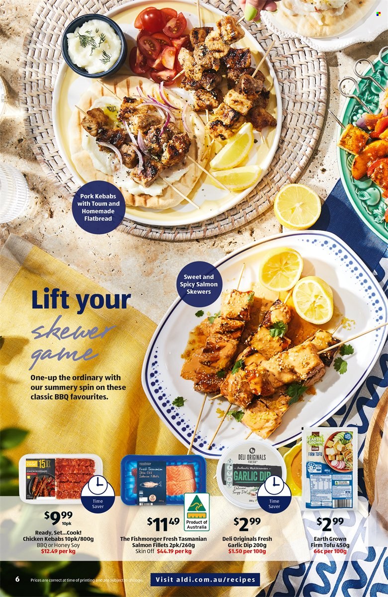 thumbnail - ALDI Catalogue - Sales products - flatbread, garlic, salmon, salmon fillet, Fishmonger, chicken kabobs, tofu, dip, The Ordinary. Page 6.