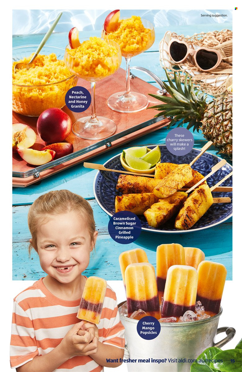 thumbnail - ALDI Catalogue - Sales products - mango, nectarines, pineapple, cherries, cane sugar, cinnamon, honey. Page 15.