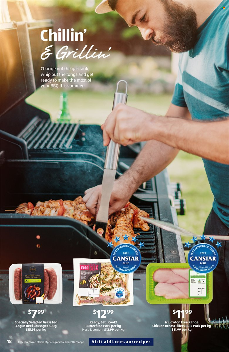 thumbnail - ALDI Catalogue - Sales products - sausage, beef sausage, herbs, chicken breasts, beef meat, tank, tong. Page 18.