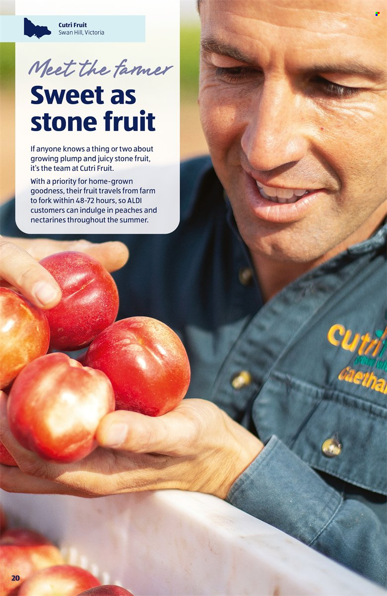 thumbnail - ALDI Catalogue - Sales products - nectarines, peaches, Victoria Sponge, fork. Page 20.