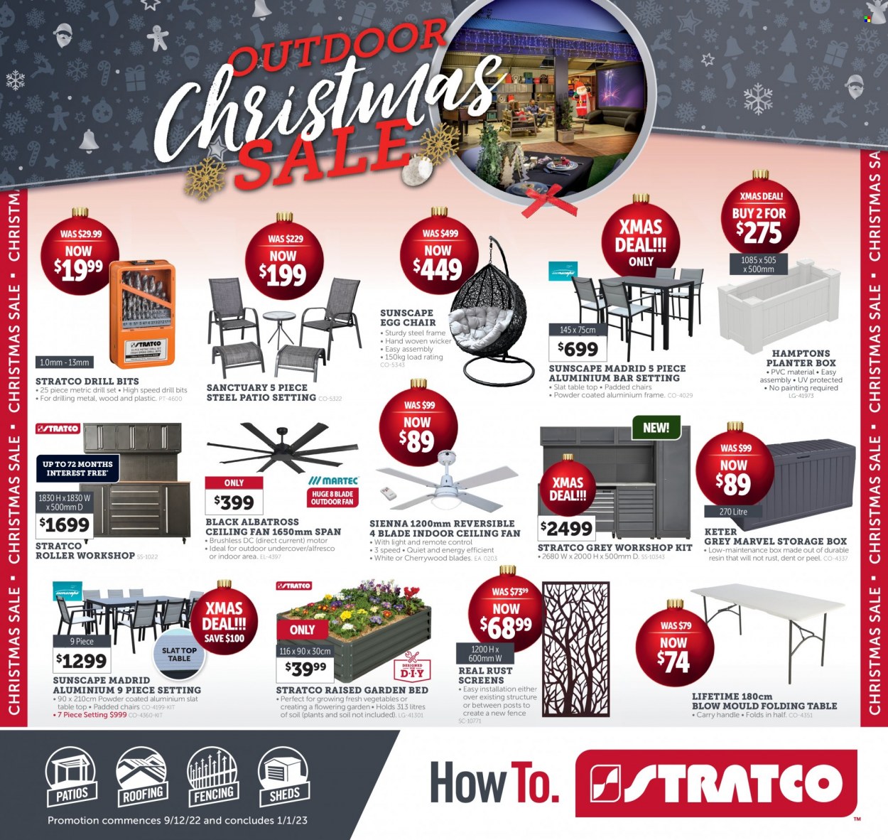 thumbnail - Stratco Catalogue - 9 Dec 2022 - 1 Jan 2023 - Sales products - storage box, table, chair, folding table, ceiling fan, roller, aluminium frame, garden bed, planter box. Page 1.