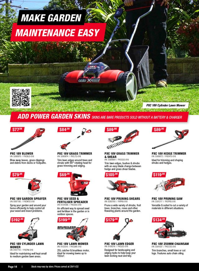 thumbnail - Bunnings Warehouse Catalogue - 9 Dec 2022 - 28 Dec 2022 - Sales products - battery, trimmer, chain saw, saw, lawn mower, spreader, hedge trimmer, blower, plant seeds, fruit tree, rose, sprayer. Page 14.
