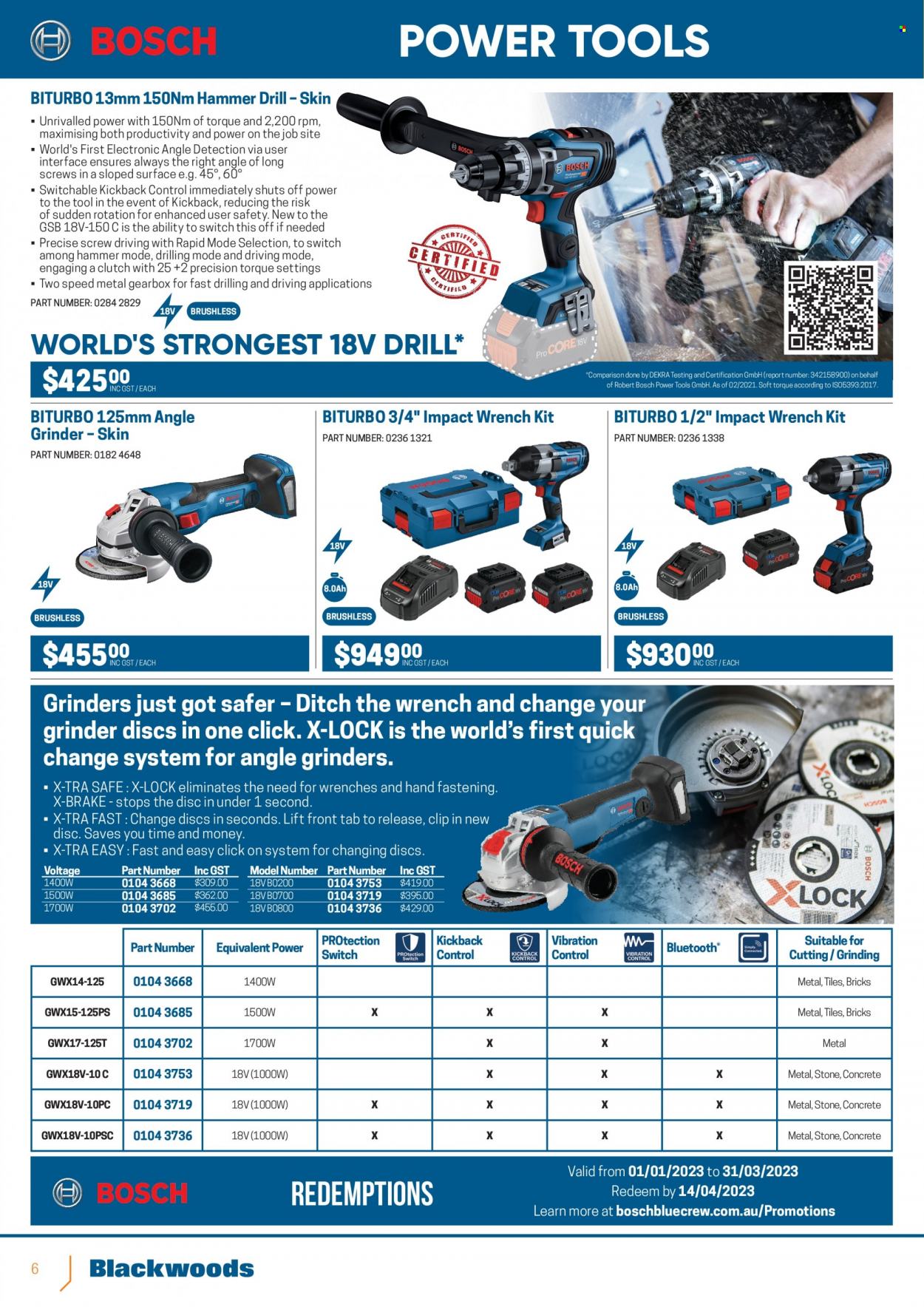 thumbnail - Blackwoods Catalogue - 9 Jan 2023 - 19 Feb 2023 - Sales products - Bosch, drill, wrench, grinder, angle grinder. Page 6.