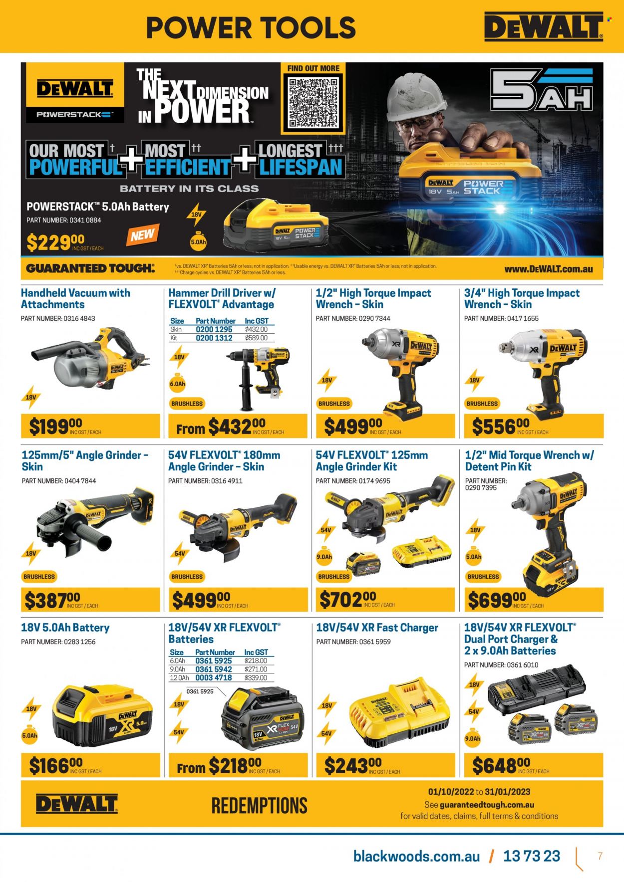 thumbnail - Blackwoods Catalogue - 9 Jan 2023 - 19 Feb 2023 - Sales products - DeWALT, drill, power tools, wrench, grinder, angle grinder, torque wrench. Page 7.