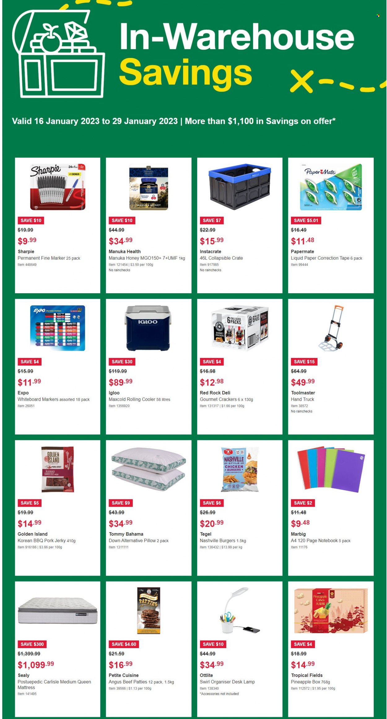 thumbnail - Costco Catalogue - 16 Jan 2023 - 29 Jan 2023 - Sales products - crackers, Manuka Honey, crate, paper, whiteboard, marker, Paper Mate, Sharpie, pillow, mattress, desk, lamp. Page 1.
