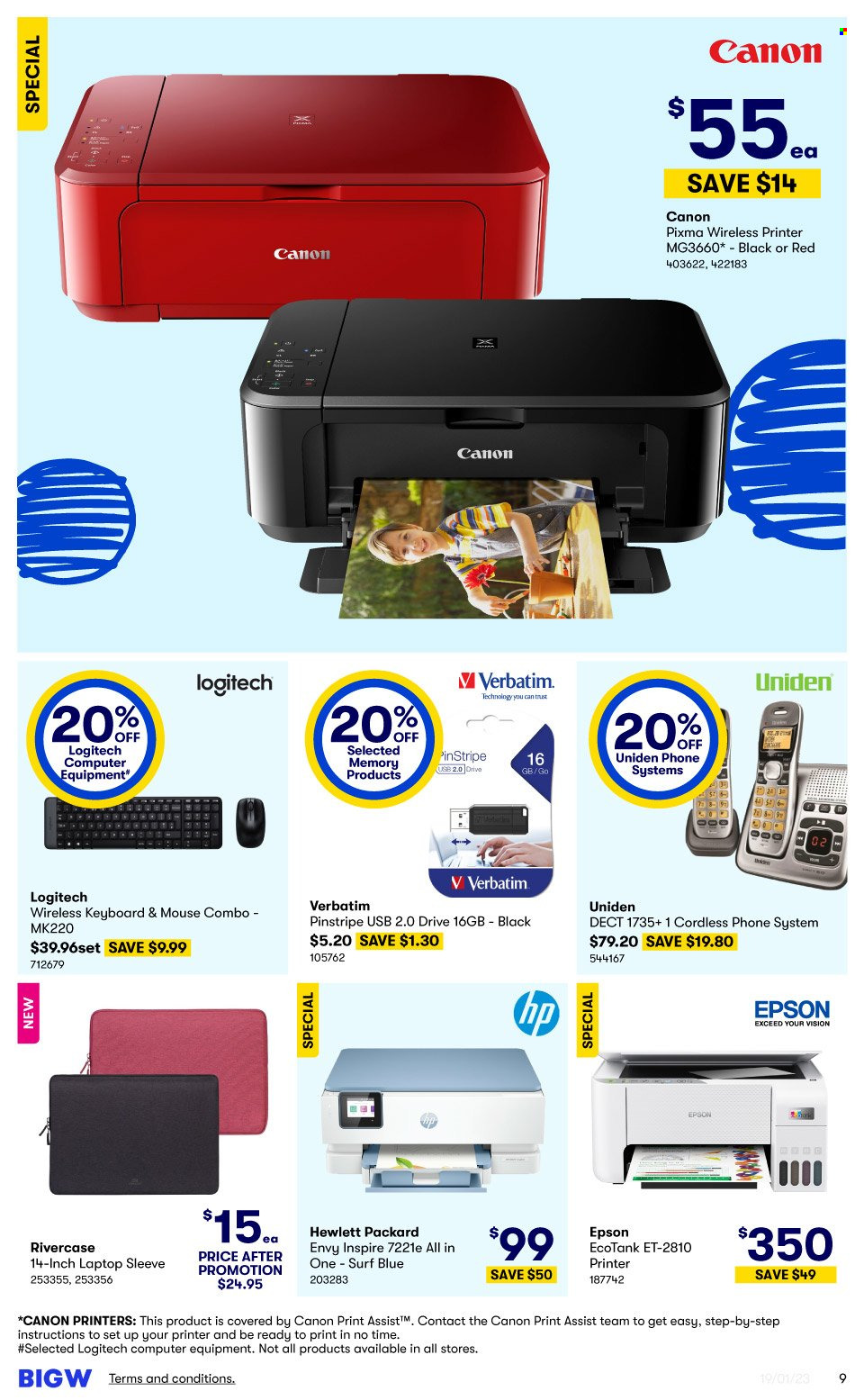 thumbnail - BIG W Catalogue - Sales products - Hewlett Packard, Surf, keyboard, mouse, Uniden, phone, laptop, computer, Logitech, Canon, Epson. Page 9.