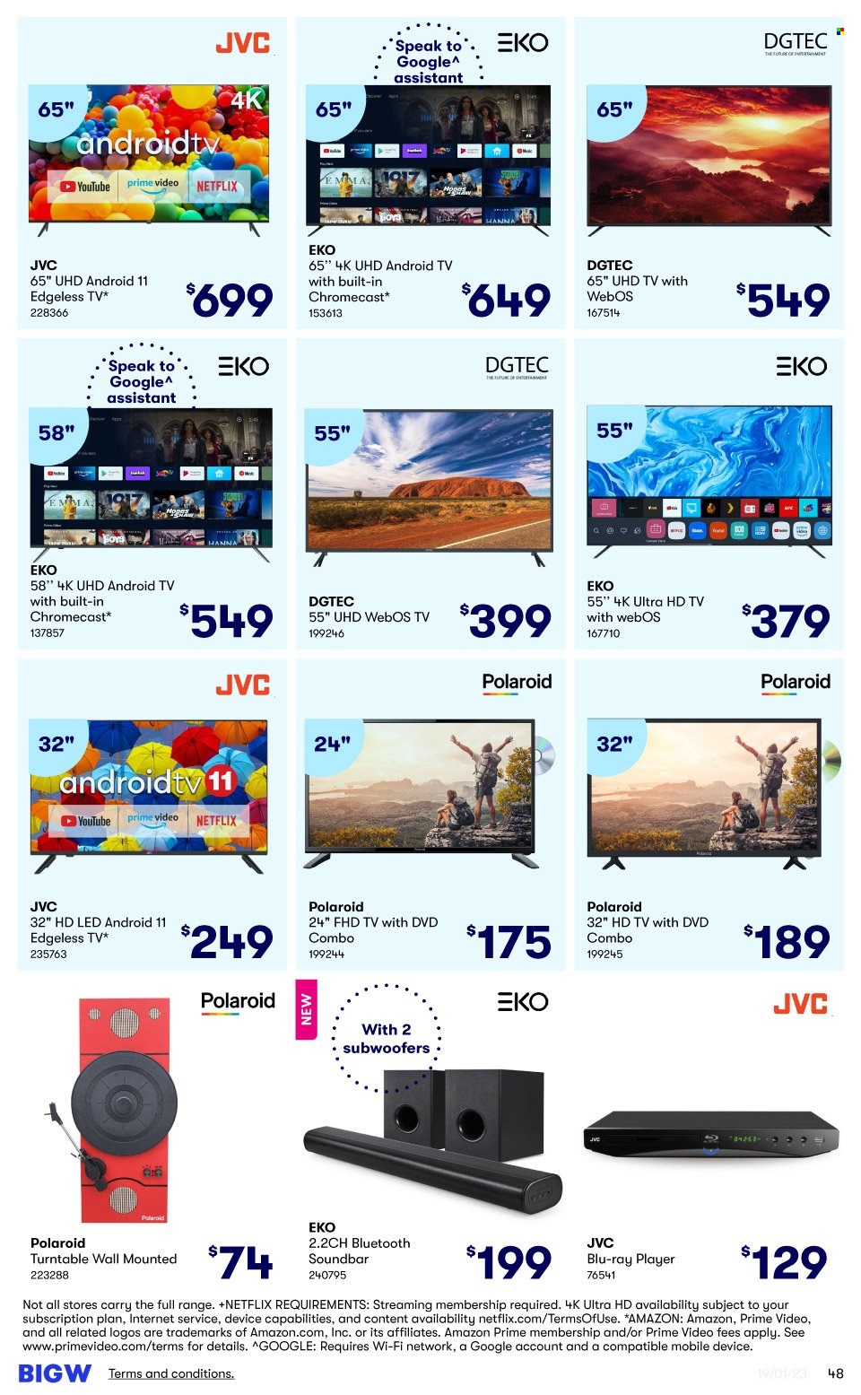 thumbnail - BIG W Catalogue - Sales products - DVD, Polaroid, JVC, Android TV, UHD TV, ultra hd, HDTV, TV, Blu-ray, sound bar, Google Chromecast. Page 48.