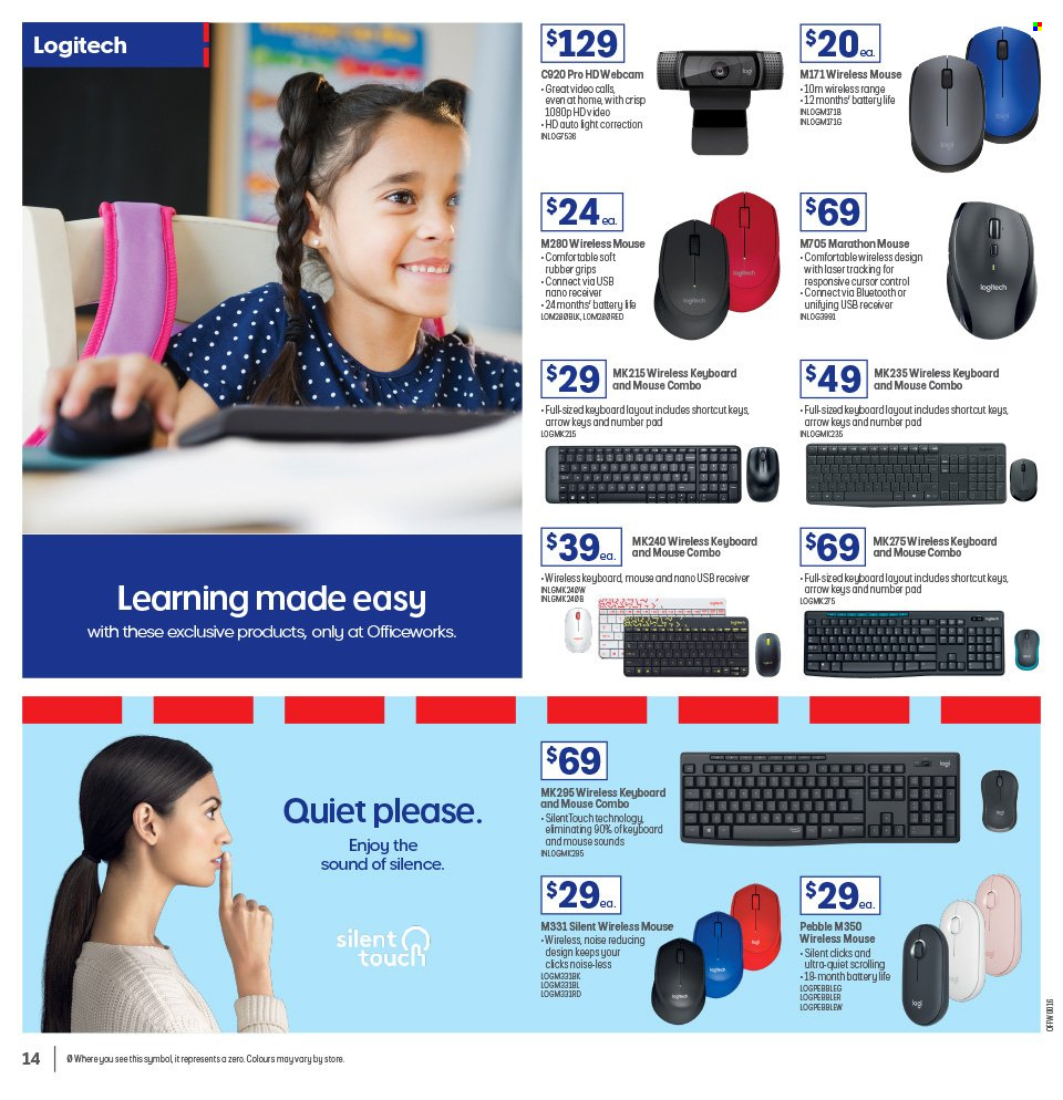 thumbnail - Officeworks Catalogue - 19 Jan 2023 - 2 Feb 2023 - Sales products - eraser, keyboard, webcam, Logitech, mouse, receiver. Page 14.