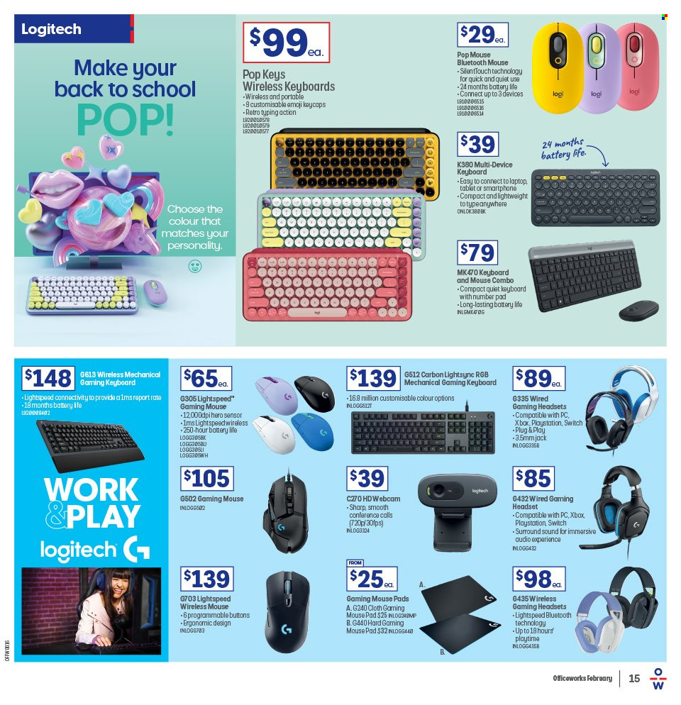 thumbnail - Officeworks Catalogue - 19 Jan 2023 - 2 Feb 2023 - Sales products - gaming keyboard, gaming mouse, gaming headset, Sharp, keyboard, webcam, smartphone, laptop, Logitech, mouse, mouse pad, PlayStation, Xbox, headset. Page 15.
