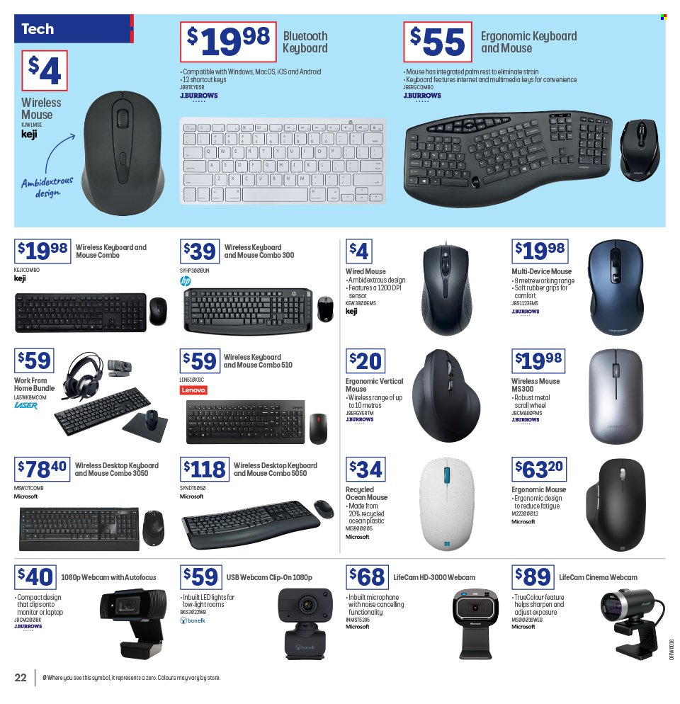 thumbnail - Officeworks Catalogue - 19 Jan 2023 - 2 Feb 2023 - Sales products - Lenovo, Hewlett Packard, eraser, keyboard, webcam, mouse, monitor, microphone. Page 22.