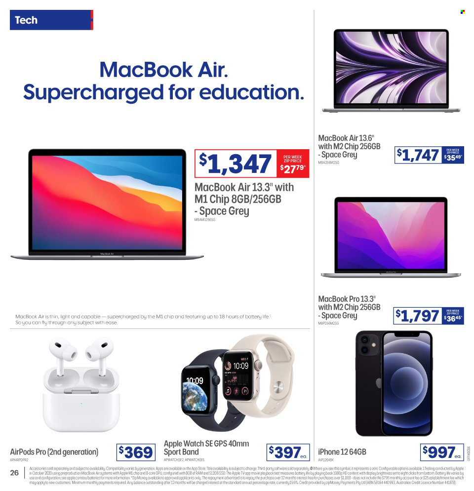 thumbnail - Officeworks Catalogue - 19 Jan 2023 - 2 Feb 2023 - Sales products - Apple, iPhone, iPhone 12, Apple Watch, Apple Watch SE, MacBook, MacBook Air, TV, Airpods. Page 26.