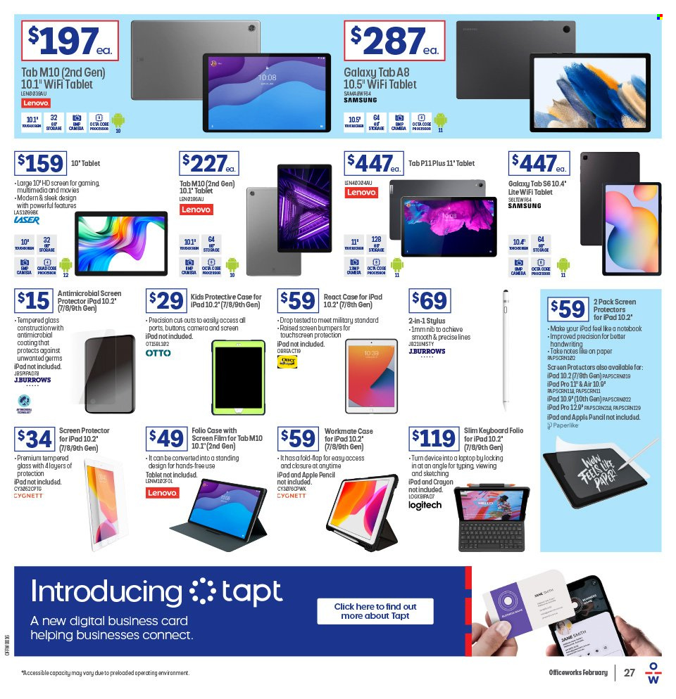 thumbnail - Officeworks Catalogue - 19 Jan 2023 - 2 Feb 2023 - Sales products - Apple, Lenovo, tablet, Samsung Galaxy, Samsung Galaxy Tab, paper, pencil, keyboard, Samsung, Apple Pencil, laptop, Logitech. Page 27.