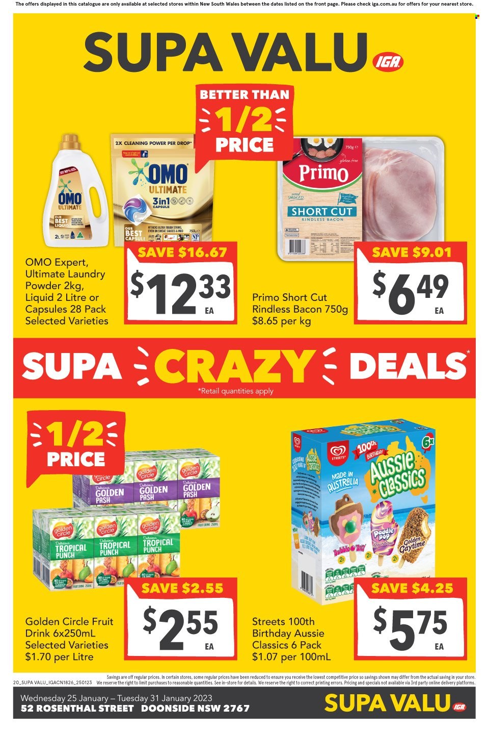 thumbnail - SUPA VALU Catalogue - 25 Jan 2023 - 31 Jan 2023 - Sales products - bacon, fruit drink, fruit punch, Omo, laundry powder, Aussie. Page 2.