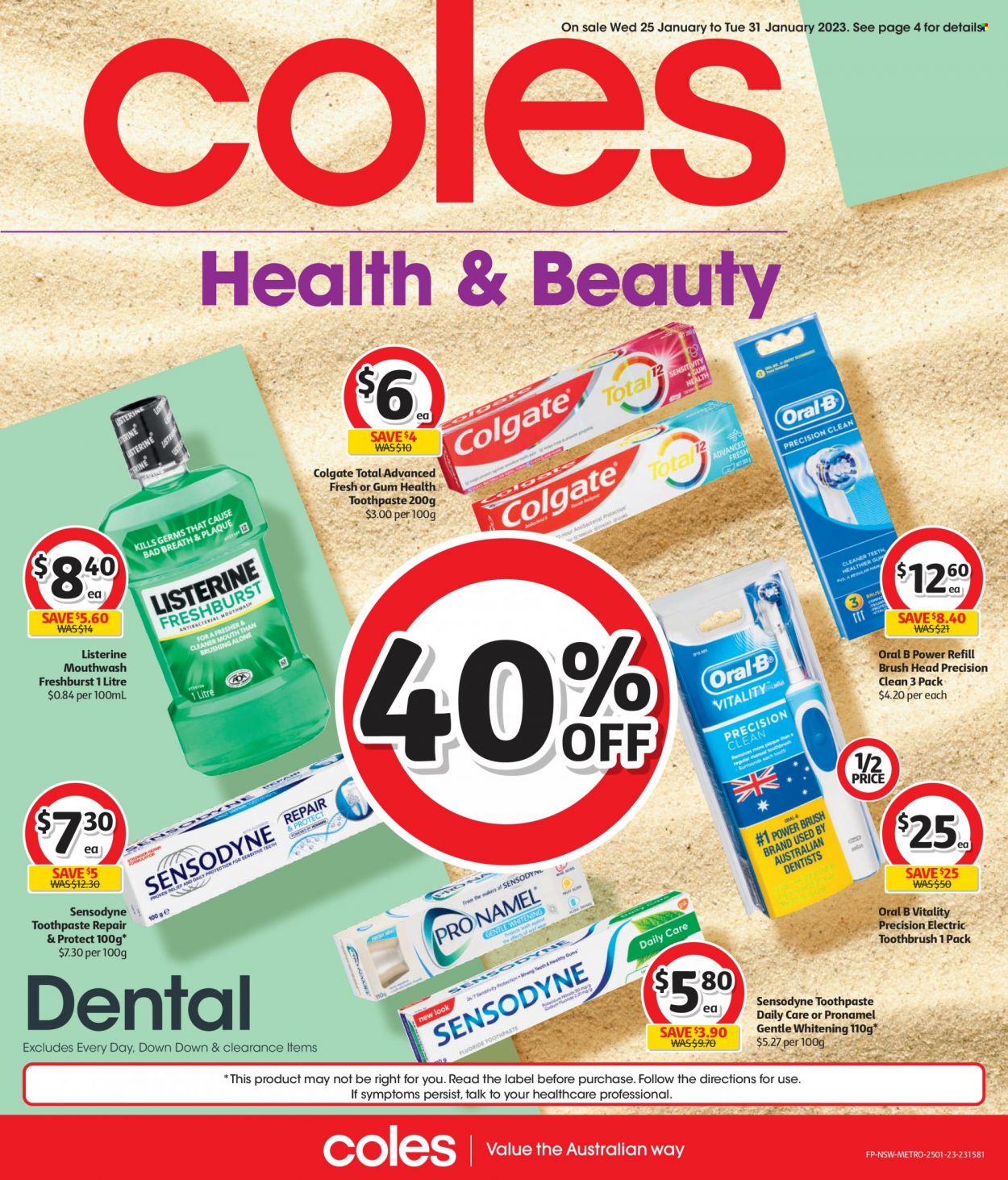 thumbnail - Coles Catalogue - 25 Jan 2023 - 31 Jan 2023 - Sales products - cleaner, Colgate, Listerine, toothbrush, Oral-B, toothpaste, Sensodyne, mouthwash, brush head, electric toothbrush. Page 1.