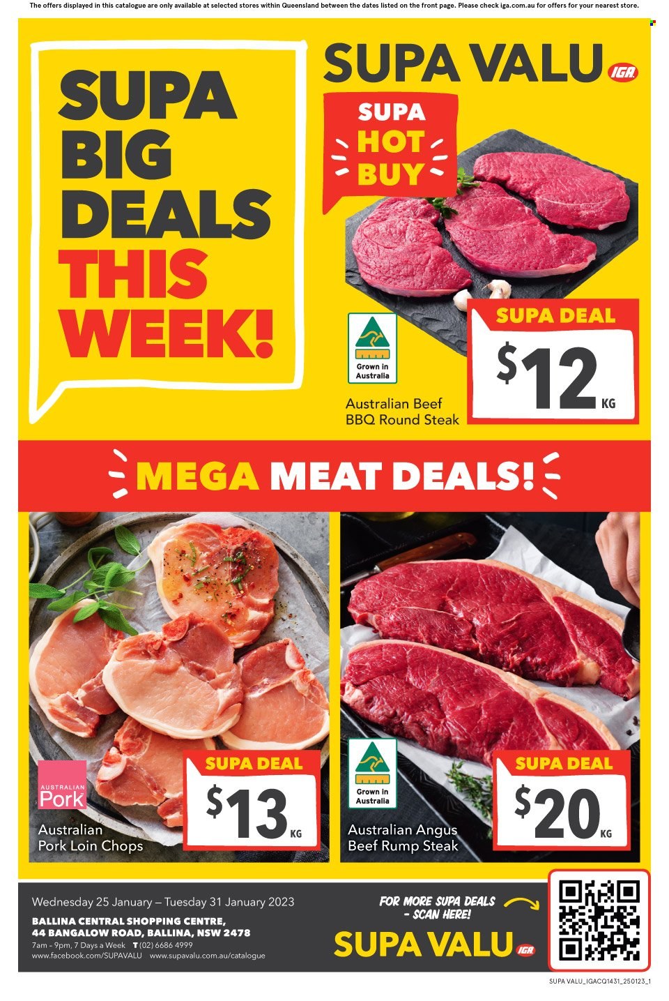 thumbnail - SUPA VALU Catalogue - 25 Jan 2023 - 31 Jan 2023 - Sales products - beef meat, steak, rump steak, round steak, pork chops, pork loin, pork meat. Page 1.