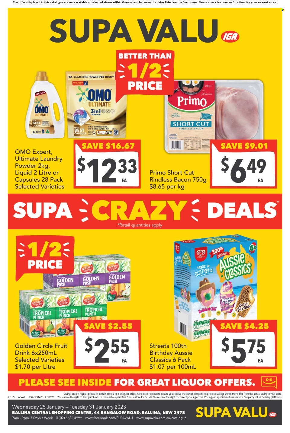 thumbnail - SUPA VALU Catalogue - 25 Jan 2023 - 31 Jan 2023 - Sales products - bacon, Golden Gaytime, fruit drink, fruit punch, liquor, Omo, laundry powder, Aussie. Page 2.