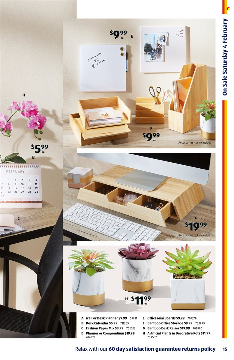 thumbnail - ALDI Catalogue - 1 Feb 2023 - 7 Feb 2023 - Sales products - pot, calendar, paper, artificial plant. Page 15.