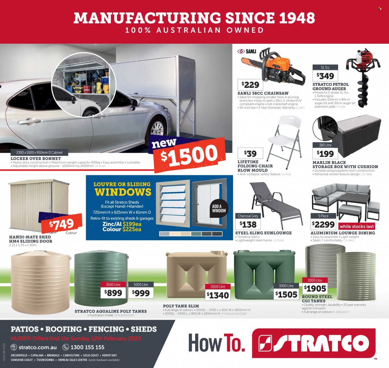 thumbnail - Stratco Catalogue - 27 Jan 2023 - 12 Feb 2023 - Sales products - cabinet, chair, lounge, sliding door, folding chair, roofing, window, tank, ground auger, chain saw, shed. Page 20.