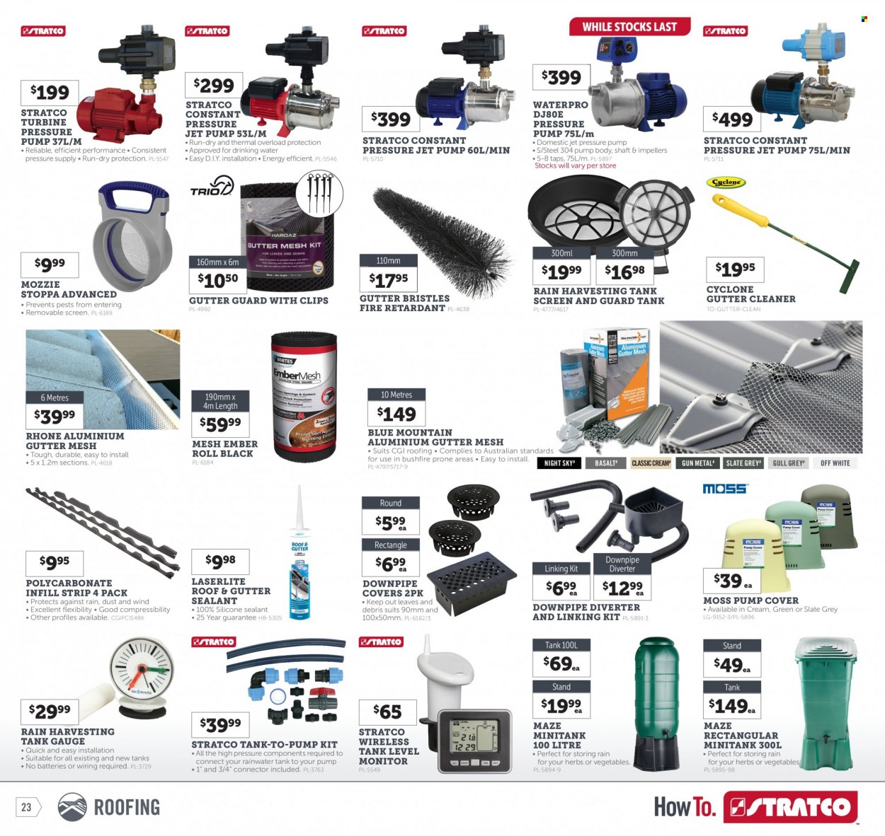 thumbnail - Stratco Catalogue - 27 Jan 2023 - 12 Feb 2023 - Sales products - battery, silicone sealants, roofing, tank, pump, herbs. Page 23.