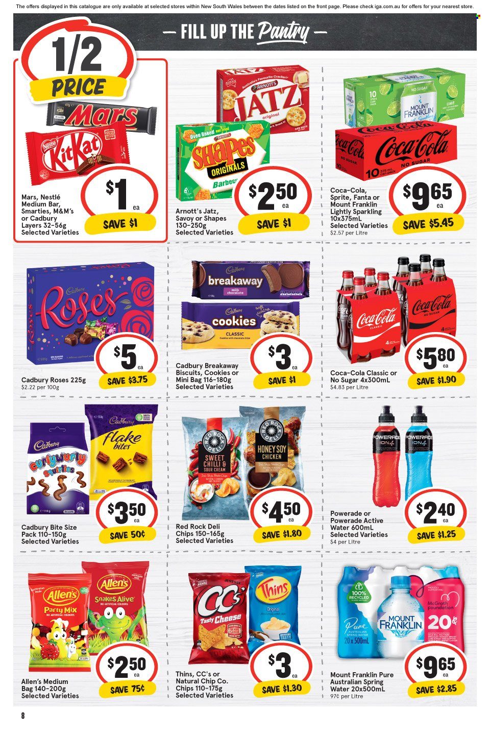 thumbnail - IGA Catalogue - 1 Feb 2023 - 7 Feb 2023 - Sales products - cheese, cookies, milk chocolate, Nestlé, chocolate, Mars, M&M's, Smarties, biscuit, Cadbury, Cadbury Roses, potato chips, chips, Thins, honey, Coca-Cola, Sprite, Powerade, Fanta, spring water, Minions. Page 8.