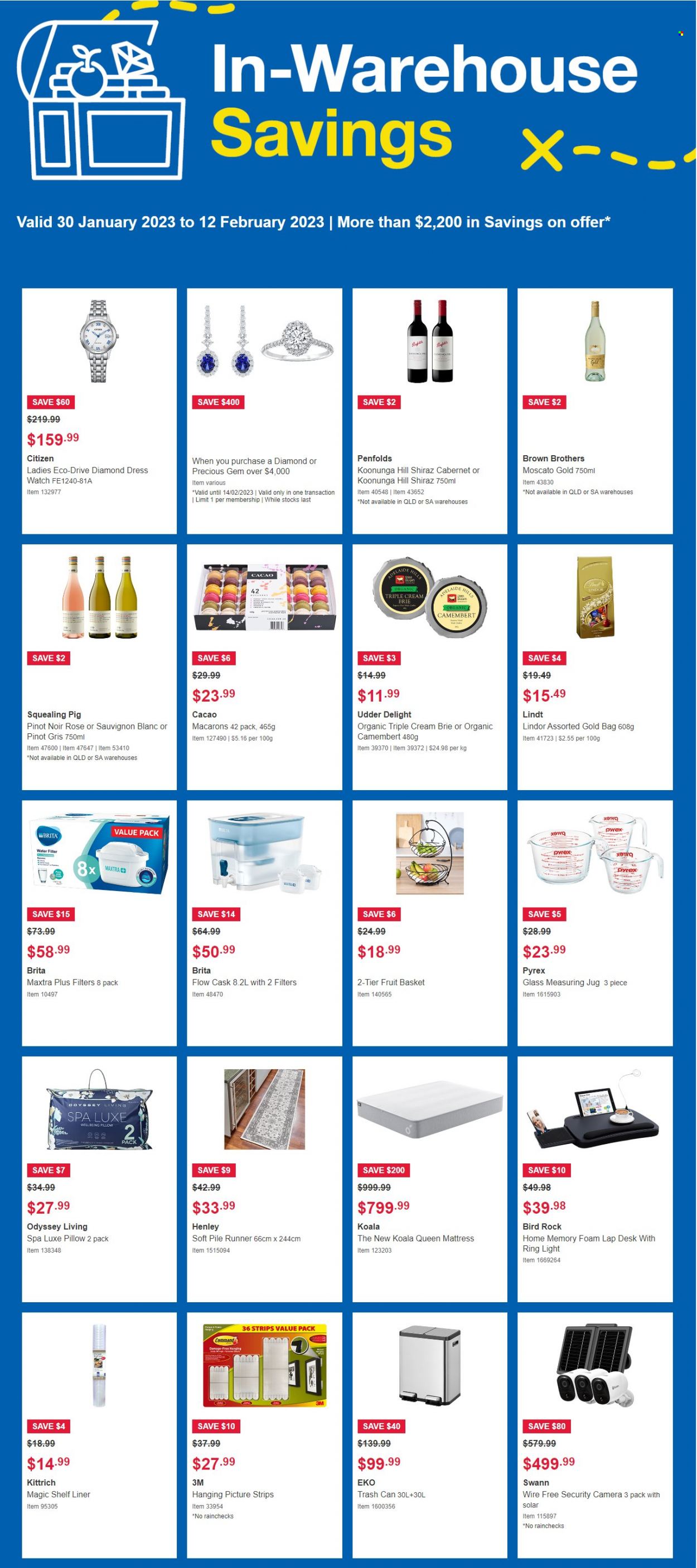 thumbnail - Costco Catalogue - 30 Jan 2023 - 12 Feb 2023 - Sales products - Lindt, Lindor, macaroons, Cabernet Sauvignon, red wine, white wine, wine, Pinot Noir, Moscato, Shiraz, Pinot Grigio, Sauvignon Blanc, rosé wine, BROTHERS, bag, basket, trash can, Pyrex, pillow, water filter, Hill's, security camera, lapdesk, camera, shelves, mattress, desk, dress, watch. Page 1.