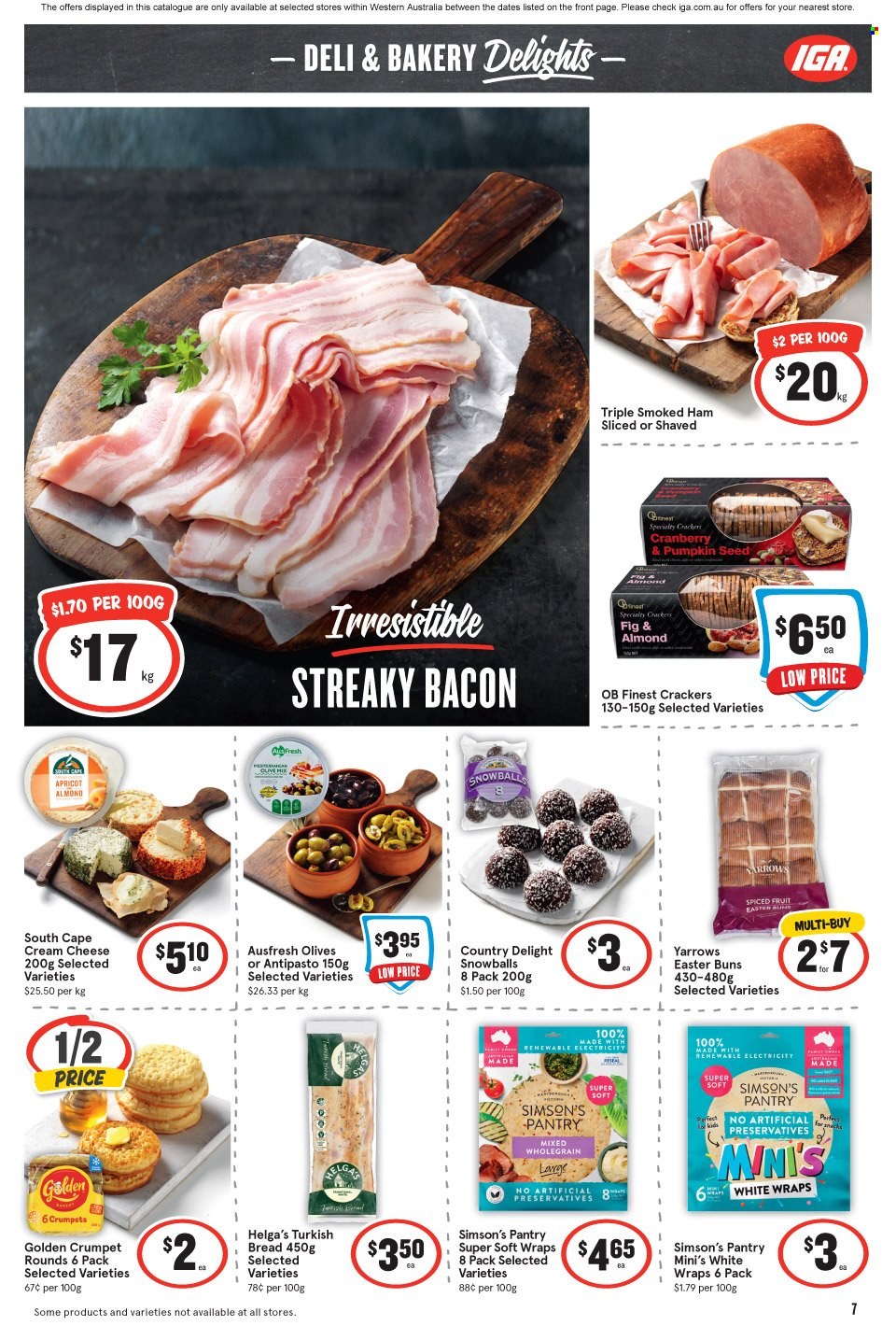 thumbnail - IGA Catalogue - 1 Feb 2023 - 7 Feb 2023 - Sales products - bread, buns, crumpets, wraps, Golden Crumpet, bacon, ham, smoked ham, streaky bacon, cream cheese, cheese, snack, crackers, sugar, olives. Page 8.