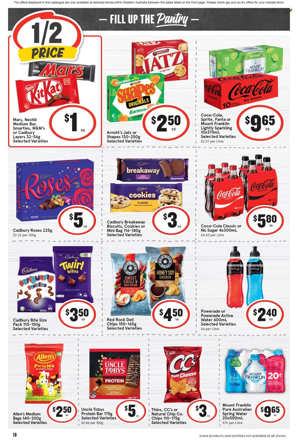 thumbnail - IGA Catalogue - 1 Feb 2023 - 7 Feb 2023 - Sales products - cheese, cookies, milk chocolate, Nestlé, chocolate, Mars, KitKat, M&M's, Smarties, biscuit, Cadbury, Cadbury Roses, potato chips, chips, Thins, protein bar, caramel, honey, Coca-Cola, Sprite, Powerade, Fanta, spring water. Page 11.
