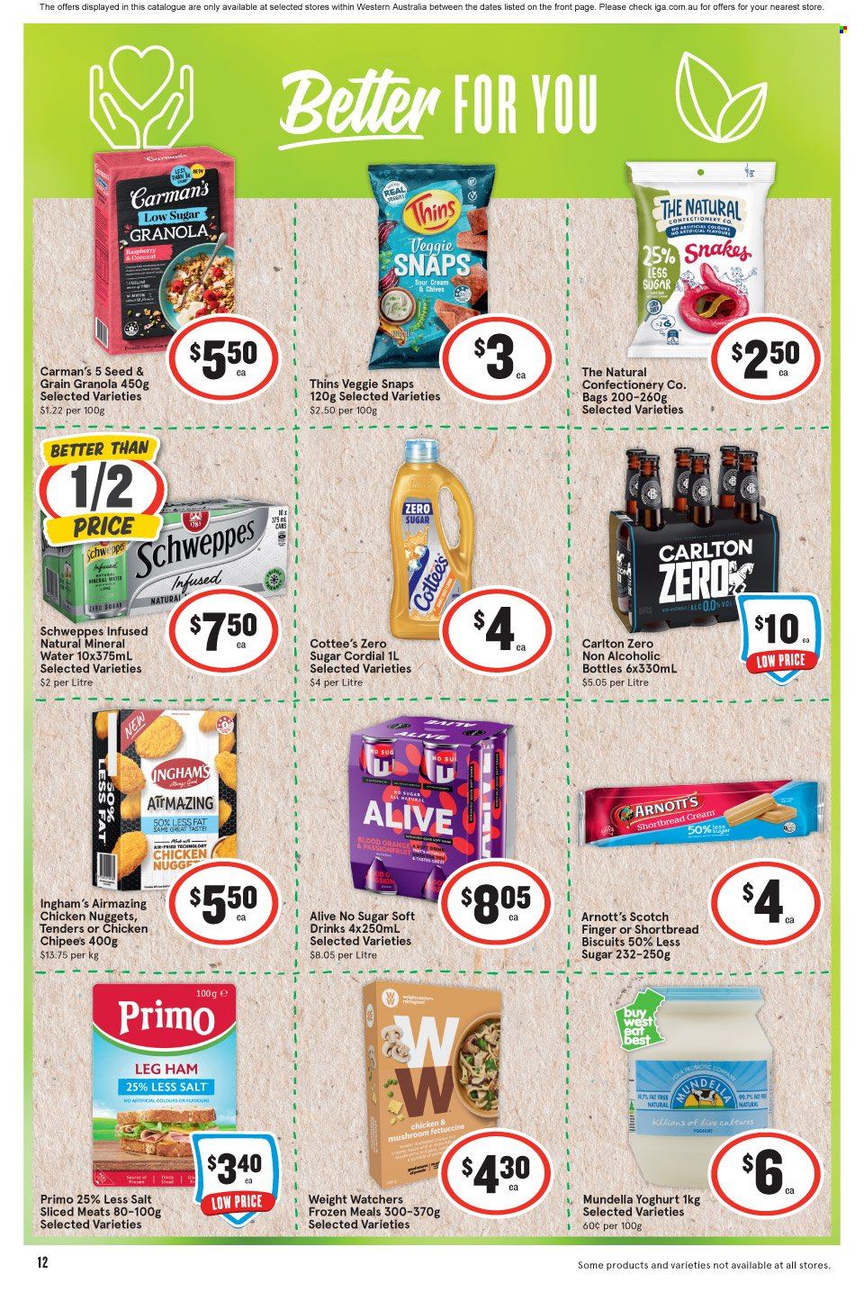 thumbnail - IGA Catalogue - 1 Feb 2023 - 7 Feb 2023 - Sales products - chives, nuggets, chicken nuggets, ham, leg ham, yoghurt, biscuit, Thins, salt, granola, Schweppes, mineral water, bag. Page 13.