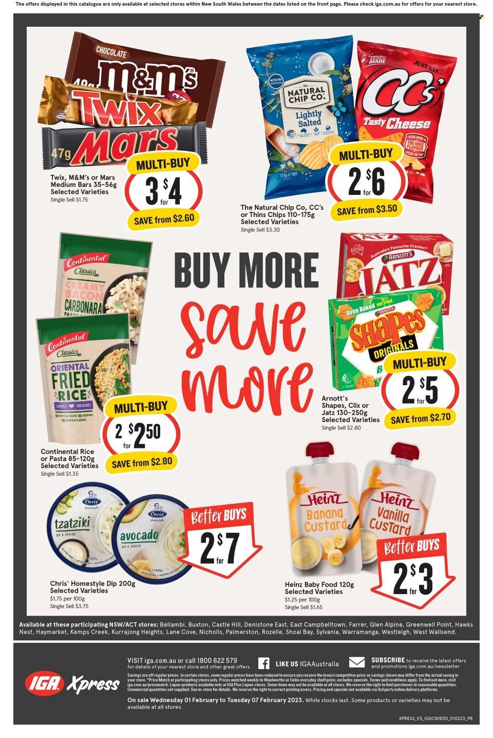 thumbnail - IGA Xpress Catalogue - 1 Feb 2023 - 7 Feb 2023 - Sales products - avocado, Continental, bacon, tzatziki, cheese, Kemps, custard, chocolate, Twix, Mars, M&M's, crackers, chips, Thins, Heinz, Castle, Aussie. Page 2.