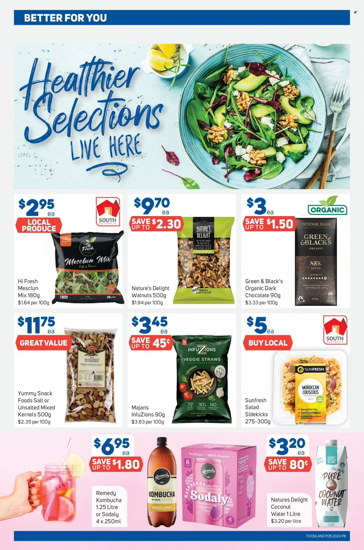 thumbnail - Foodland Catalogue - 1 Feb 2023 - 7 Feb 2023 - Sales products - ginger, mesclun, chocolate, snack, dark chocolate, chips, Veggie Straws, cocoa, couscous, walnuts, coconut water, soda, kombucha. Page 8.