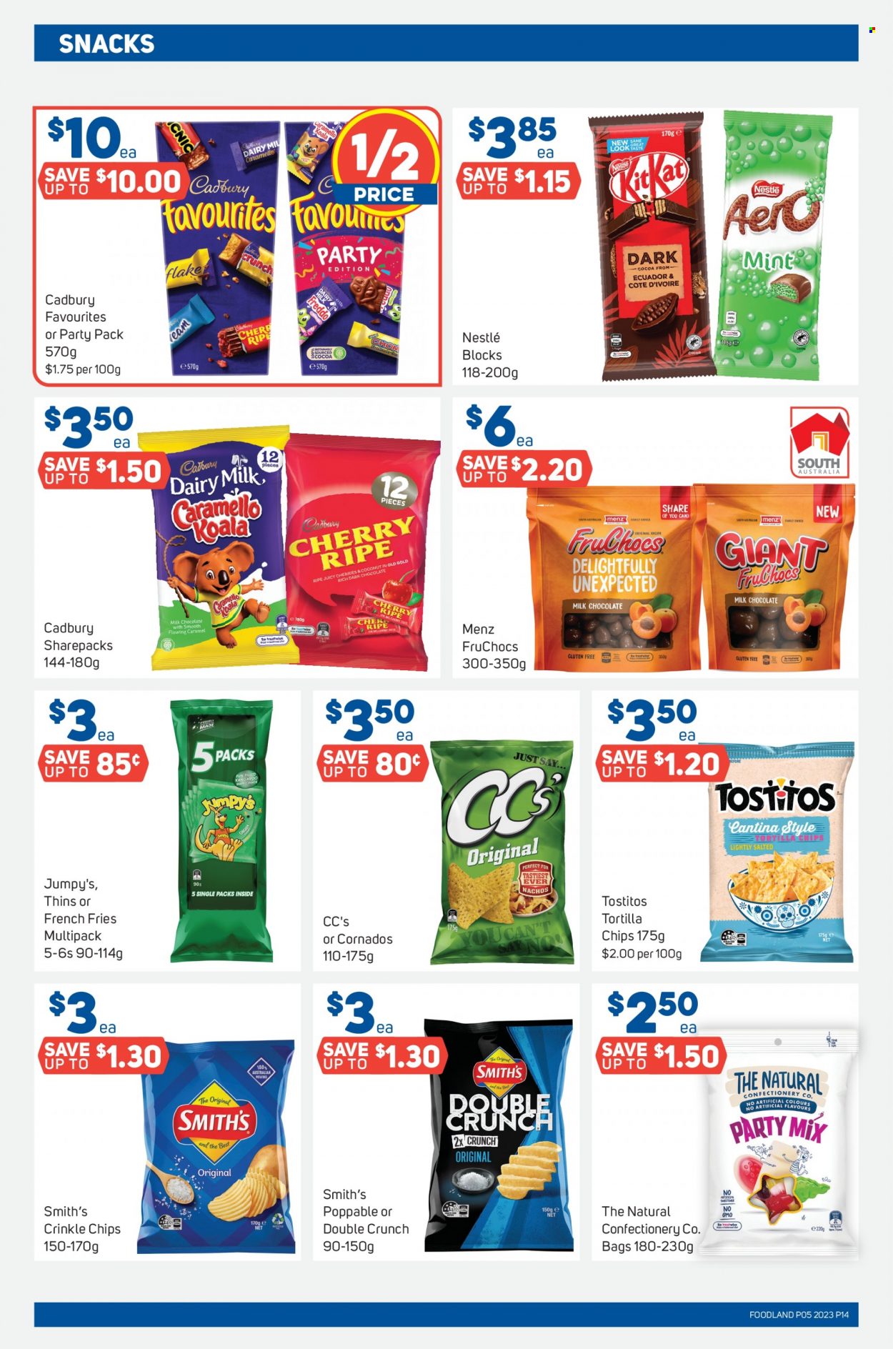 thumbnail - Foodland Catalogue - 1 Feb 2023 - 7 Feb 2023 - Sales products - potatoes, cherries, potato fries, french fries, crinkle fries, milk chocolate, Nestlé, chocolate, snack, dark chocolate, Cadbury, Dairy Milk, tortilla chips, chips, Smith's, Thins, Tostitos, caramel. Page 14.