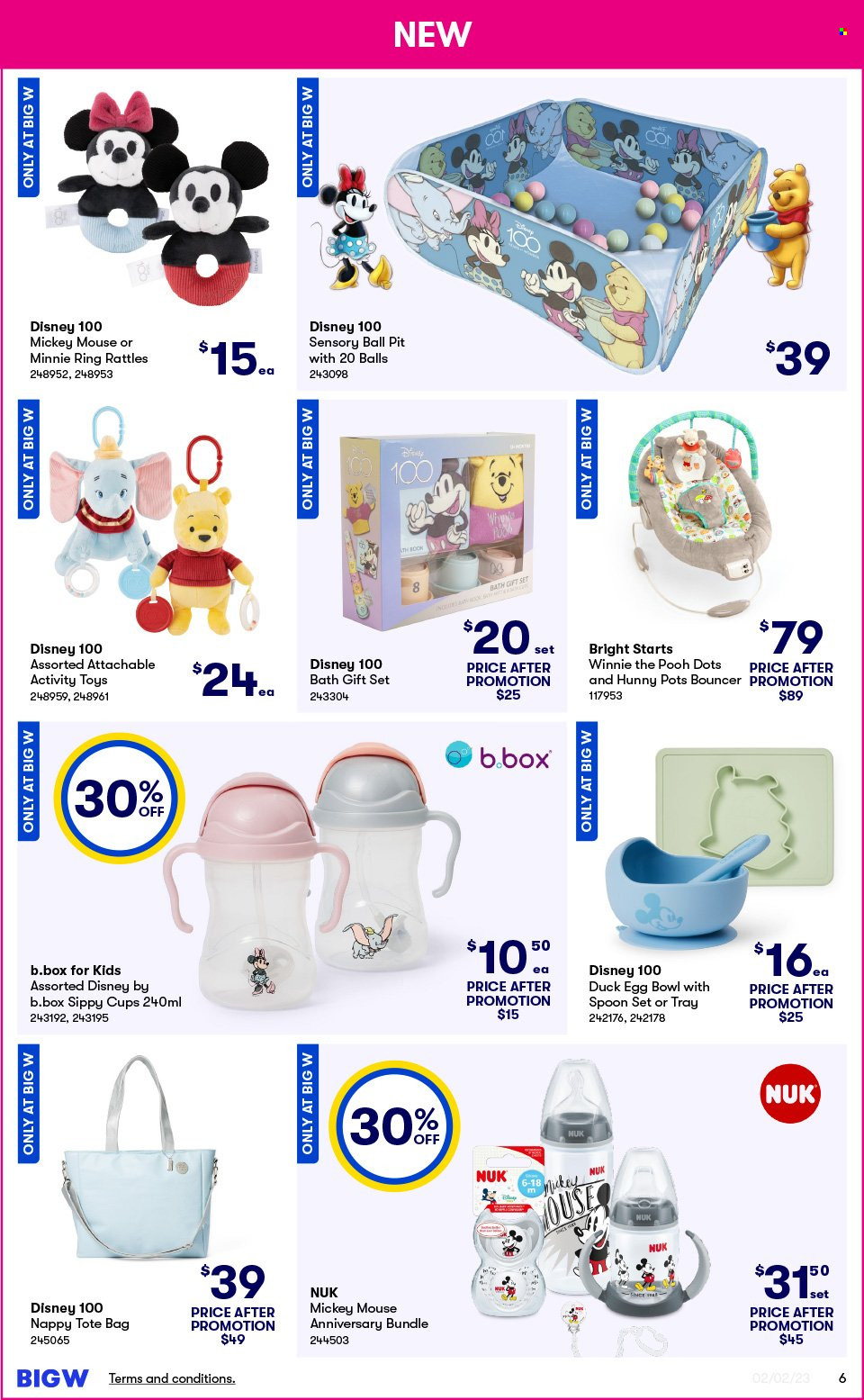 thumbnail - BIG W Catalogue - 2 Feb 2023 - 15 Feb 2023 - Sales products - gift set, nappies, Nuk, Disney, Mickey Mouse, bag, spoon, tray, pot, cup, bowl, Minnie Mouse, tote, tote bag, toys. Page 6.