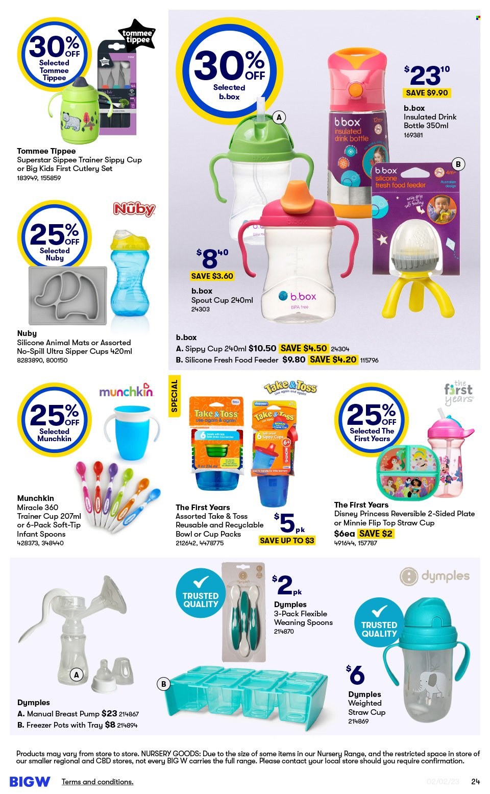 thumbnail - BIG W Catalogue - 2 Feb 2023 - 15 Feb 2023 - Sales products - Disney, spoon, plate, pot, cutlery set, drink bottle, cup, straw, bowl, Minnie Mouse, feeder, breast pump, pump, princess. Page 24.
