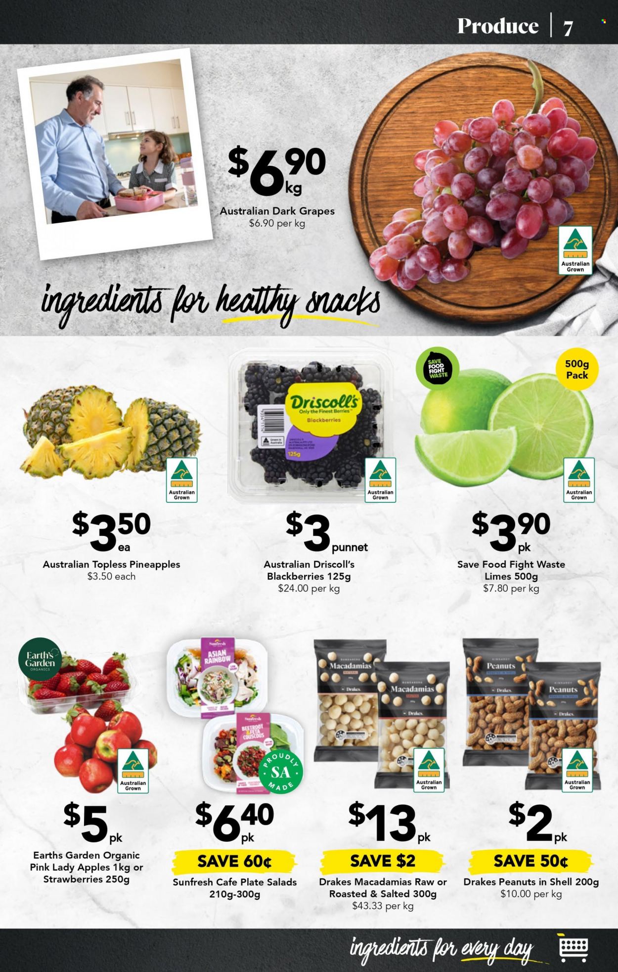 thumbnail - Drakes Catalogue - 1 Feb 2023 - 7 Feb 2023 - Sales products - blackberries, grapes, limes, pineapple, apples, Pink Lady, feta, snack, couscous, peanuts, plate. Page 7.