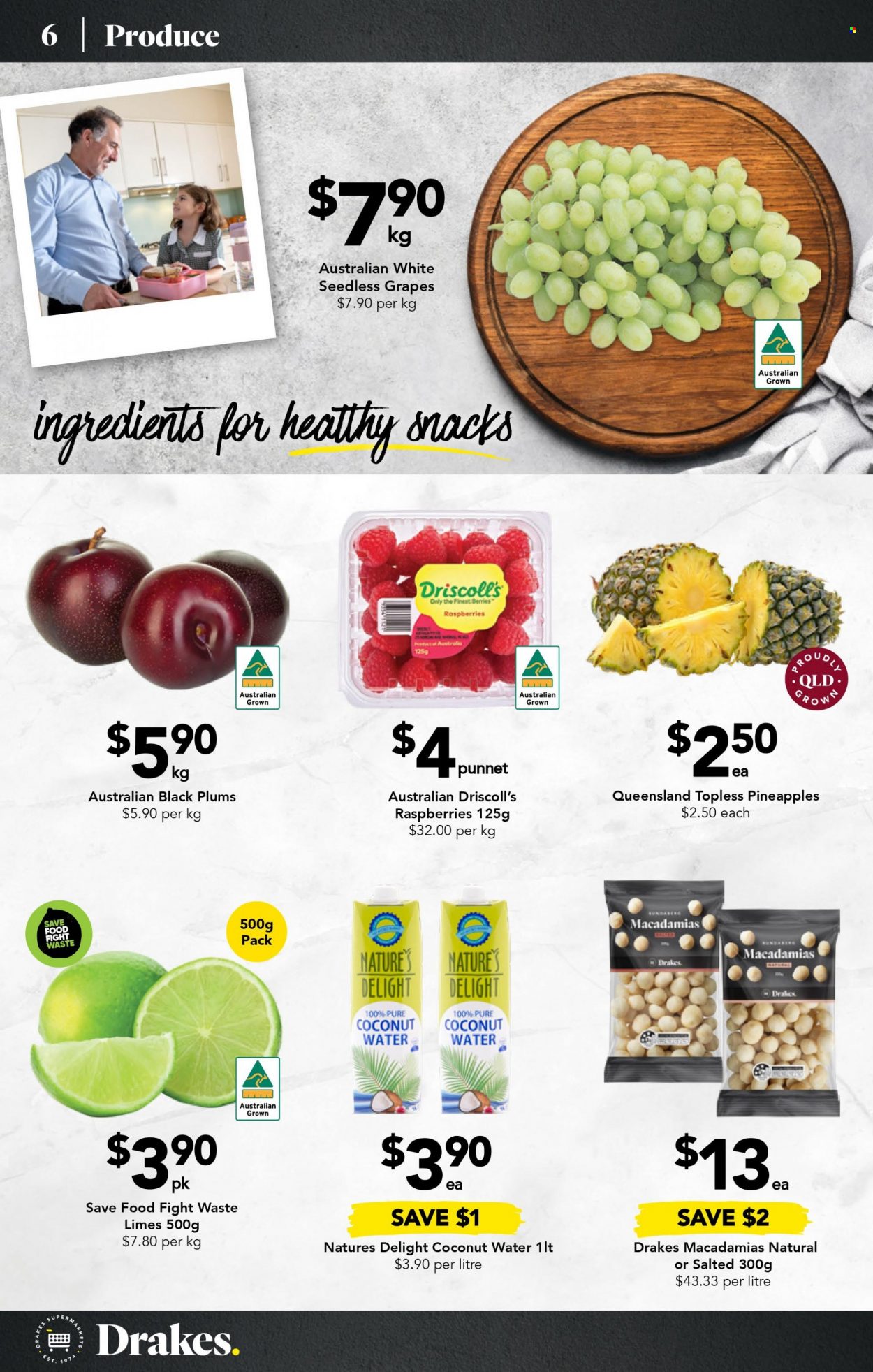thumbnail - Drakes Catalogue - 1 Feb 2023 - 7 Feb 2023 - Sales products - grapes, limes, seedless grapes, pineapple, plums, black plums, snack, coconut water. Page 6.
