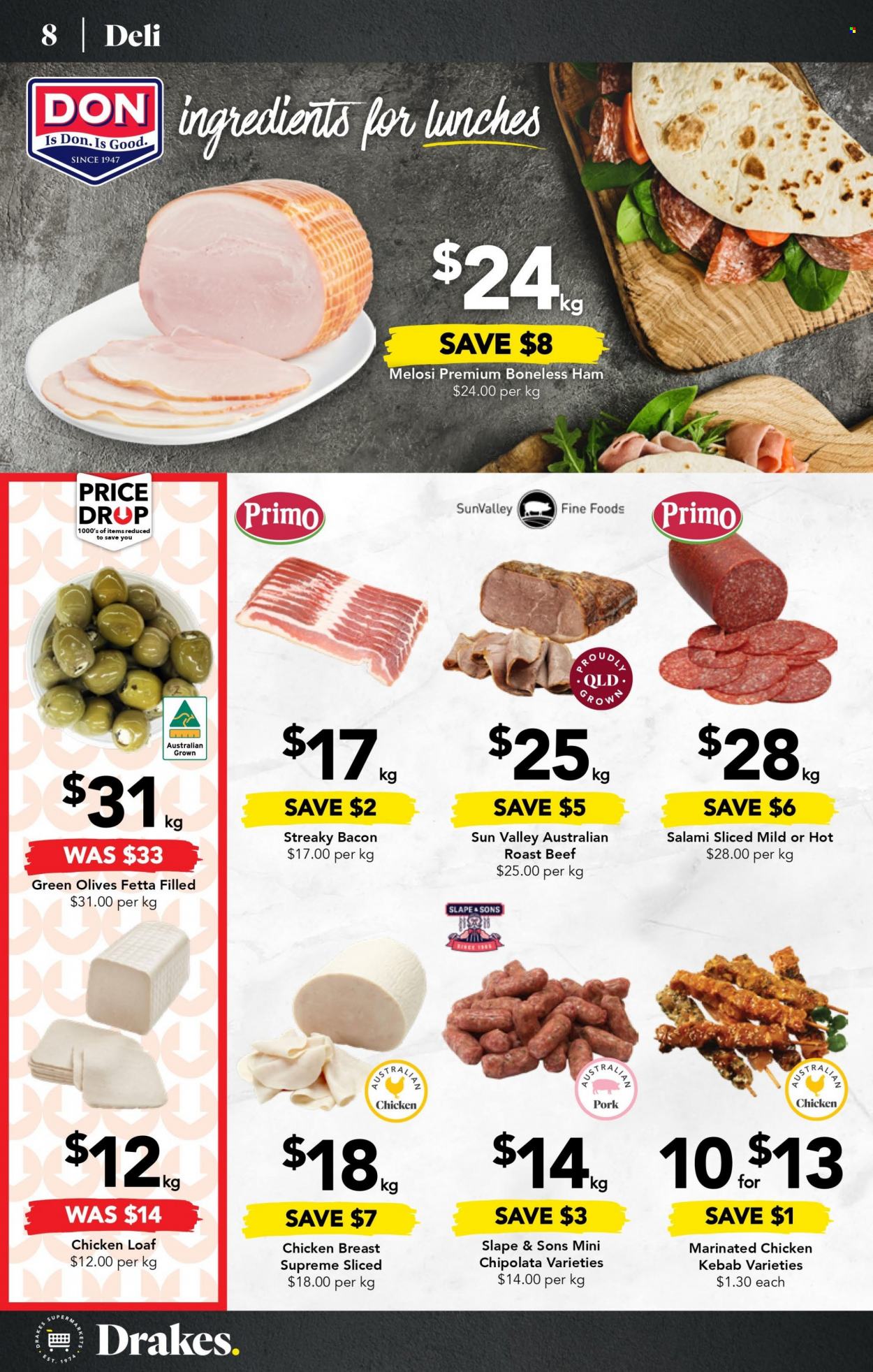 thumbnail - Drakes Catalogue - 1 Feb 2023 - 7 Feb 2023 - Sales products - chicken kabobs, bacon, salami, ham, streaky bacon, olives, chicken breasts, marinated chicken, beef meat, roast beef. Page 8.