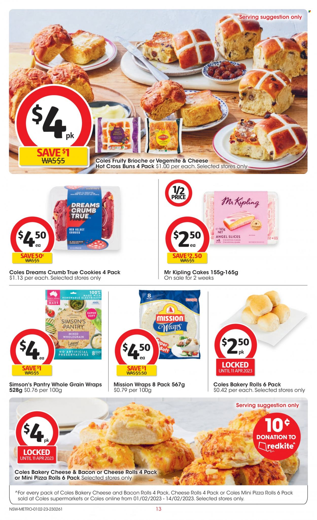 thumbnail - Coles Catalogue - 1 Feb 2023 - 7 Feb 2023 - Sales products - pizza rolls, cake, buns, brioche, wraps, pizza, bacon, cookies, cheese rolls. Page 13.