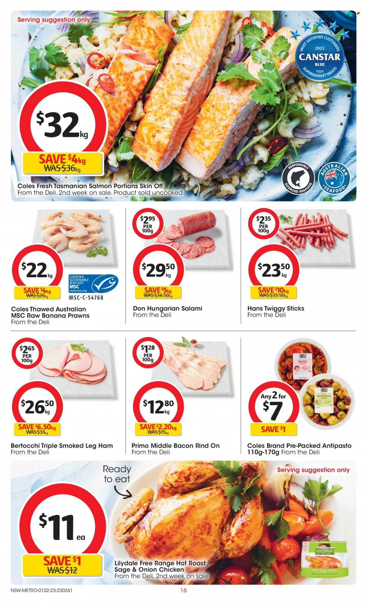 thumbnail - Coles Catalogue - 1 Feb 2023 - 7 Feb 2023 - Sales products - salmon, seafood, prawns, fish, bacon, salami, ham, leg ham. Page 16.