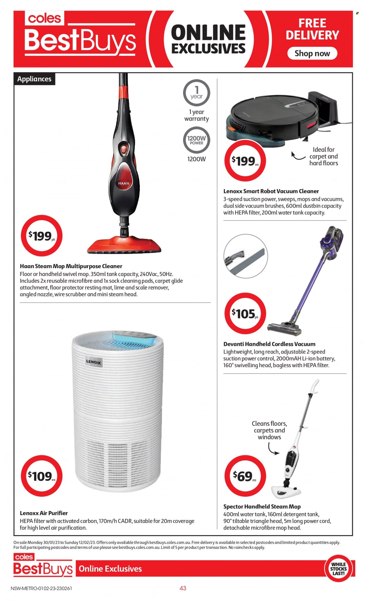 thumbnail - Coles Catalogue - 1 Feb 2023 - 7 Feb 2023 - Sales products - scale, detergent, scale remover, cleaning pad, mop, Lenox, tank, air purifier, vacuum cleaner, robot vacuum, steam cleaner, water tank. Page 43.