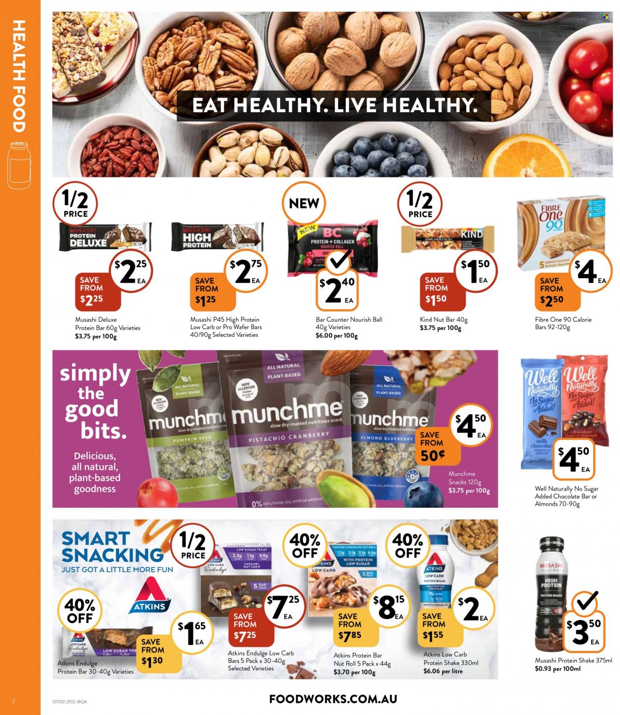 thumbnail - Foodworks Catalogue - 1 Feb 2023 - 7 Feb 2023 - Sales products - milk, protein drink, shake, wafers, snack, chocolate bar, protein bar, nut bar, caramel, almonds, plant seeds. Page 2.