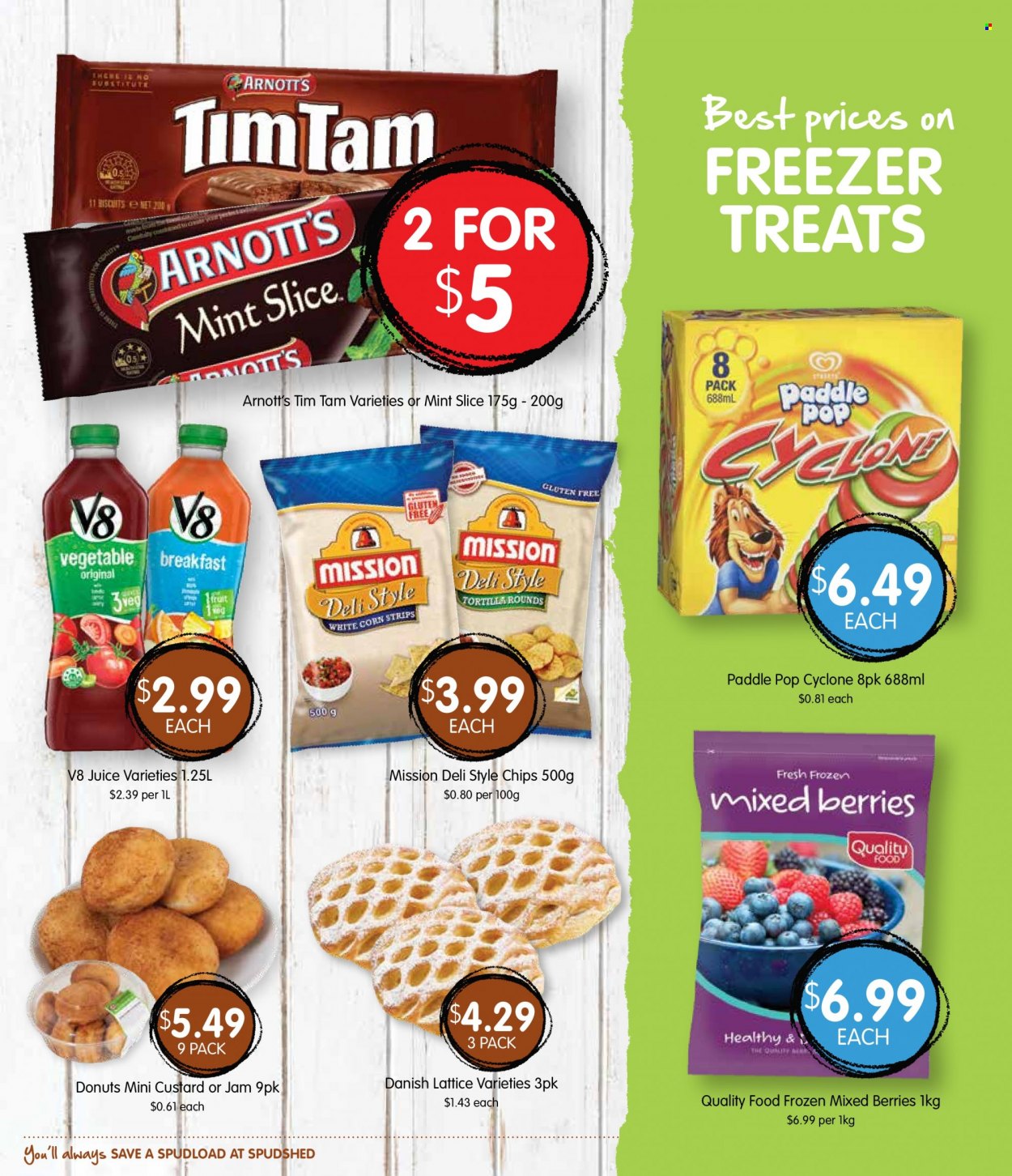 thumbnail - Spudshed Catalogue - 1 Feb 2023 - 7 Feb 2023 - Sales products - tortillas, donut, custard, Tim Tam, biscuit, corn chips, jam, juice. Page 7.