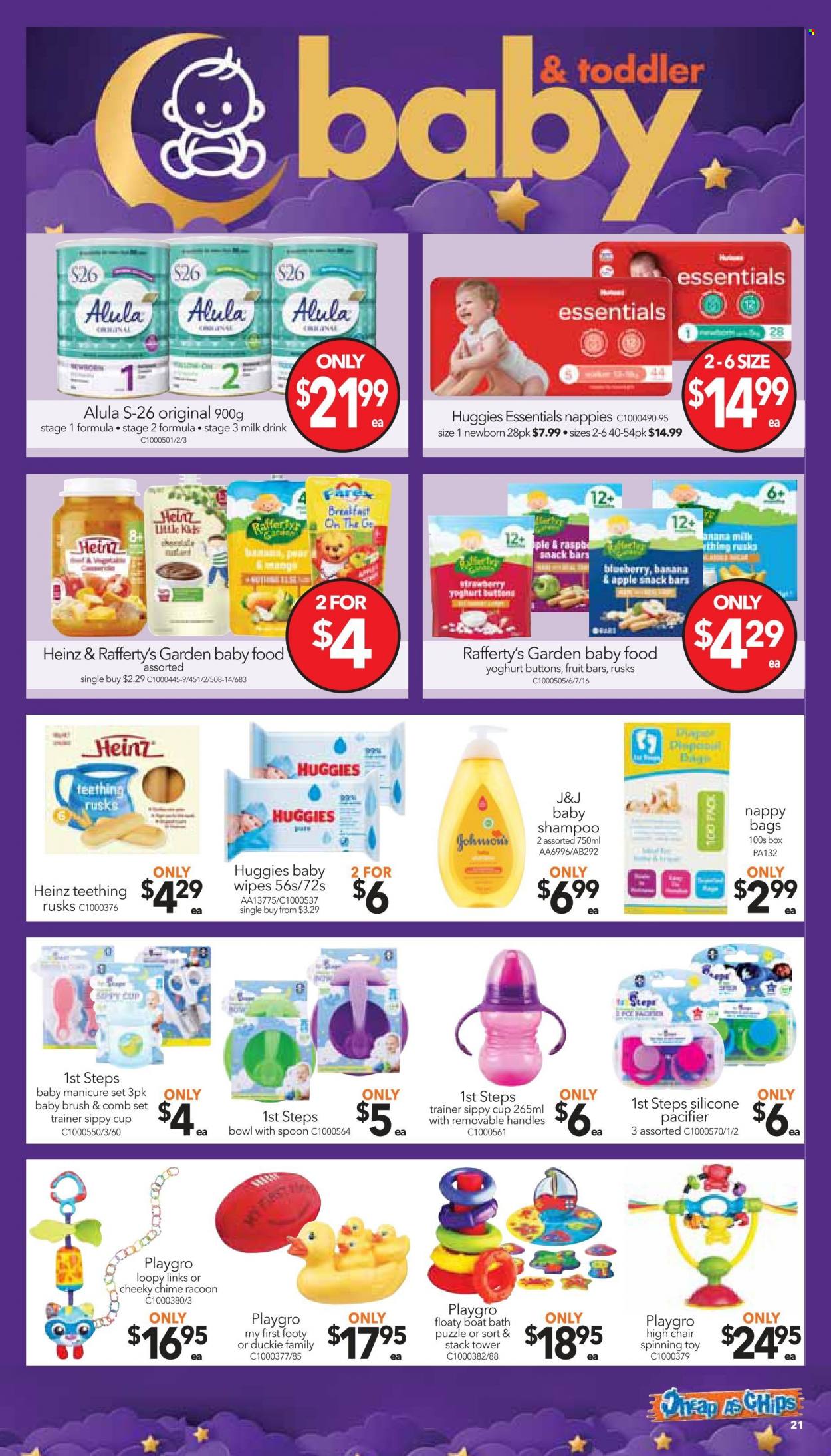 thumbnail - Cheap as Chips Catalogue - 1 Feb 2023 - 14 Feb 2023 - Sales products - high chair, chair, snack bar, chips, wipes, Huggies, baby wipes, Johnson's, shampoo, comb, bag, brush, spoon, cup, bowl, toys, puzzle. Page 21.