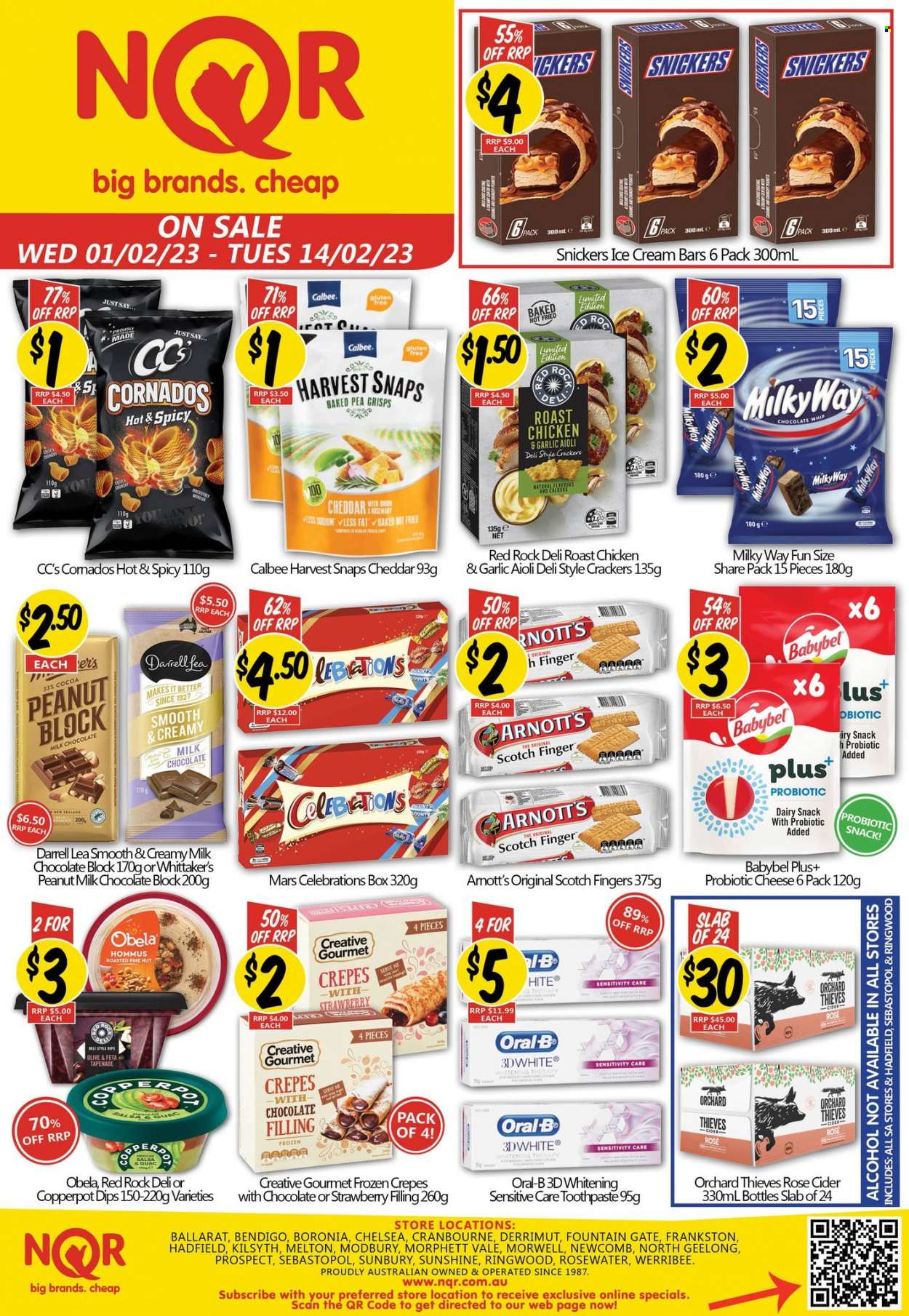 thumbnail - NQR Catalogue - 1 Feb 2023 - 14 Feb 2023 - Sales products - chicken roast, hummus, Obela, cheddar, cheese, feta, Babybel, Sunshine, ice cream, ice cream bars, frozen crepes, milk chocolate, Milky Way, Snickers, Mars, Celebration, crackers, Whittaker's, cocoa, Harvest Snaps, salsa, wine, rosé wine, cider, Oral-B, toothpaste. Page 1.