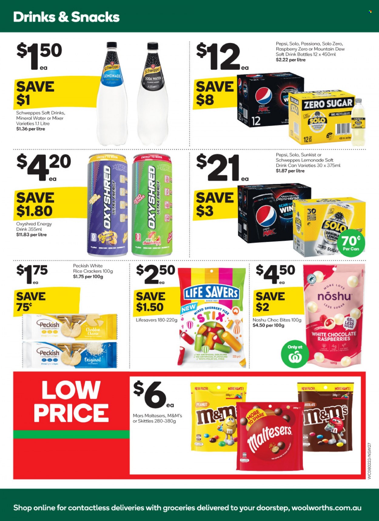 thumbnail - Woolworths Catalogue - 8 Feb 2023 - 14 Feb 2023 - Sales products - cheddar, cheese, white chocolate, chocolate, Mars, M&M's, crackers, Maltesers, Skittles, rice crackers, white rice, lemonade, Mountain Dew, Schweppes, Pepsi, energy drink, soft drink, mineral water, soda, mixer. Page 27.