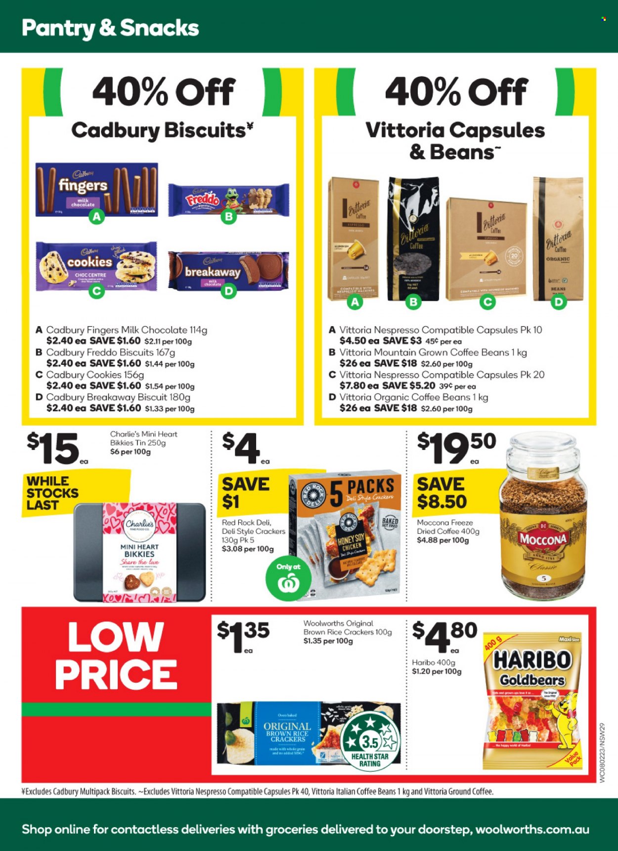 thumbnail - Woolworths Catalogue - 8 Feb 2023 - 14 Feb 2023 - Sales products - cookies, milk chocolate, chocolate, snack, Haribo, crackers, biscuit, Cadbury, rice crackers, brown rice, honey, coffee beans, Nespresso, organic coffee, ground coffee, Moccona. Page 29.