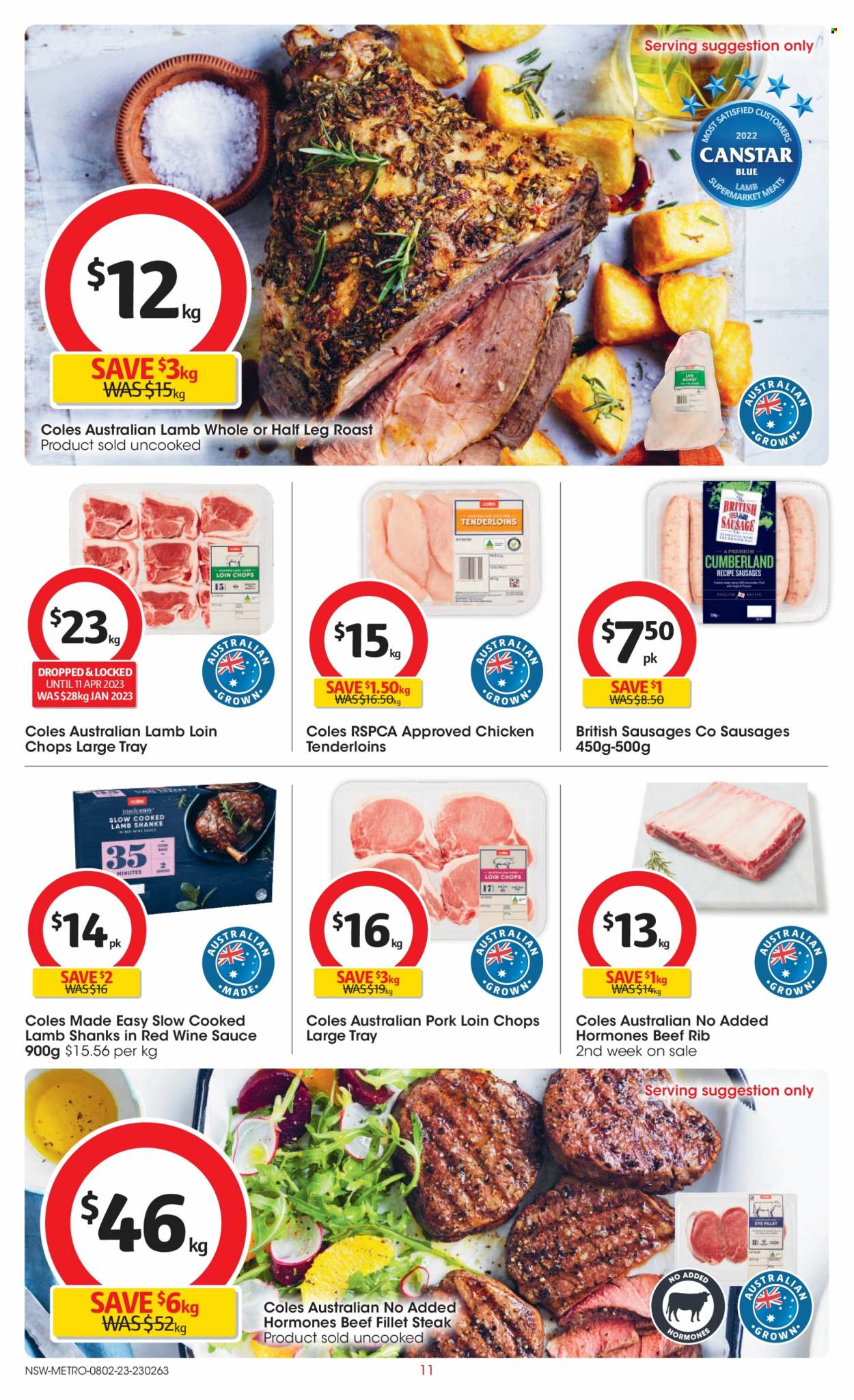 thumbnail - Coles Catalogue - 8 Feb 2023 - 14 Feb 2023 - Sales products - sauce, sausage, Coca-Cola, beef meat, steak, beef tenderloin, pork chops, pork loin, pork meat, lamb loin, lamb meat, tray. Page 11.