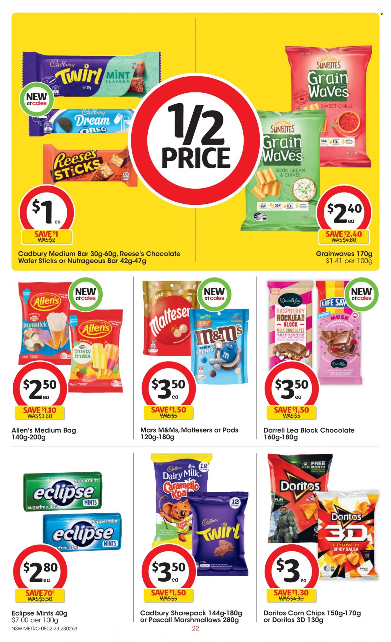 thumbnail - Coles Catalogue - 8 Feb 2023 - 14 Feb 2023 - Sales products - chives, coconut, Reese's, milk chocolate, wafers, Bounty, Mars, M&M's, marshmallows, Maltesers, Cadbury, Dairy Milk, Doritos, chips, corn chips, Sunbites, salsa, palm oil, plate. Page 22.