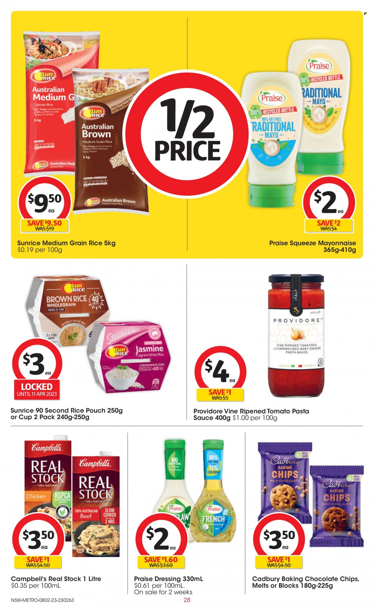 thumbnail - Coles Catalogue - 8 Feb 2023 - 14 Feb 2023 - Sales products - onion, tomatoes, Campbell's, pasta sauce, sauce, mayonnaise, milk chocolate, dark chocolate, Cadbury, baking chips, brown rice, rice, white rice, whole grain rice, medium grain rice, dressing, cup. Page 28.